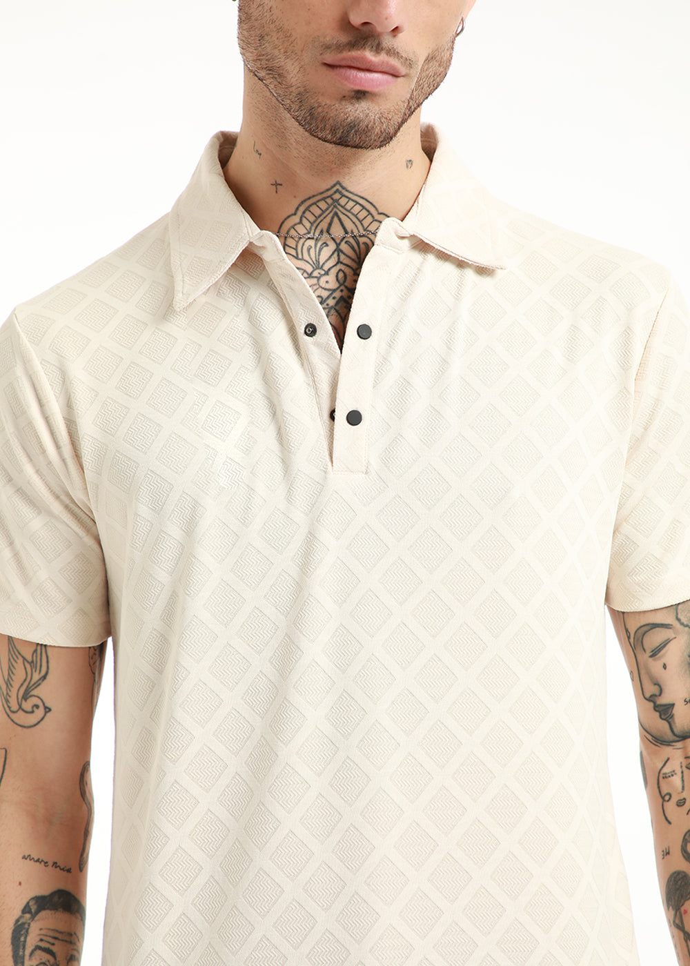 Lattice Print Off White Polo Tshirt