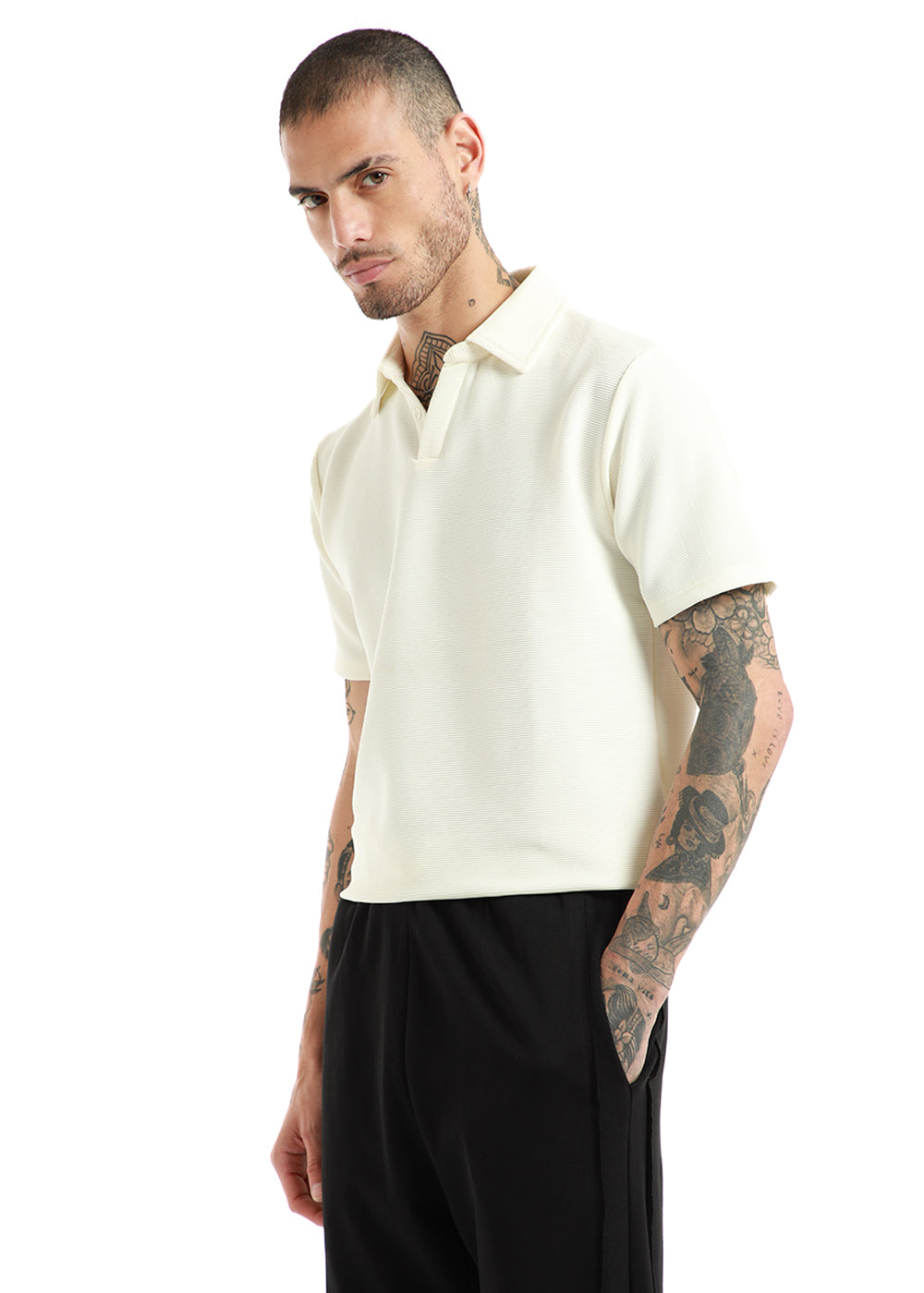 Off White Textured Polo Tshirt