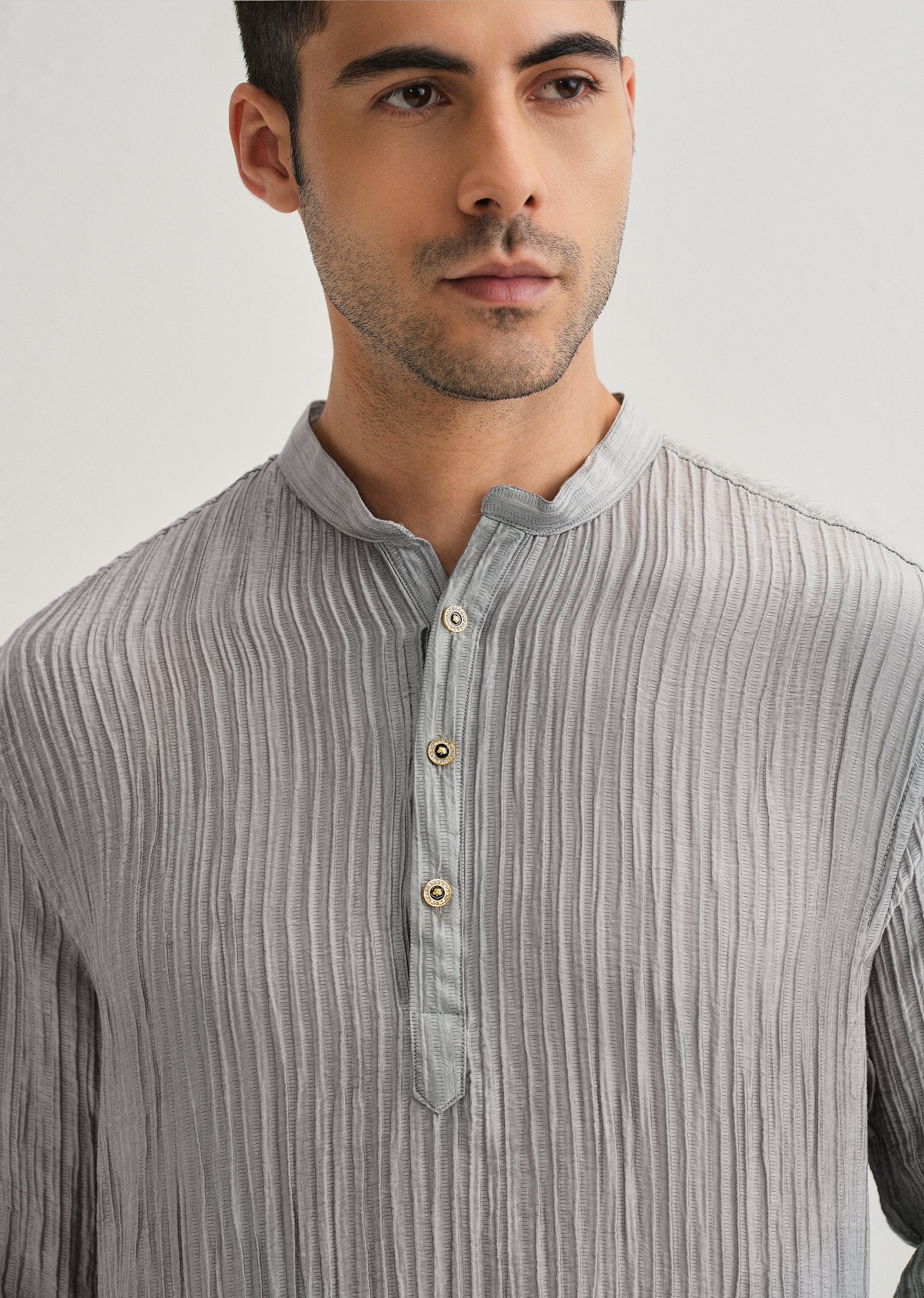 Grey Crinkled Stripe Kurta