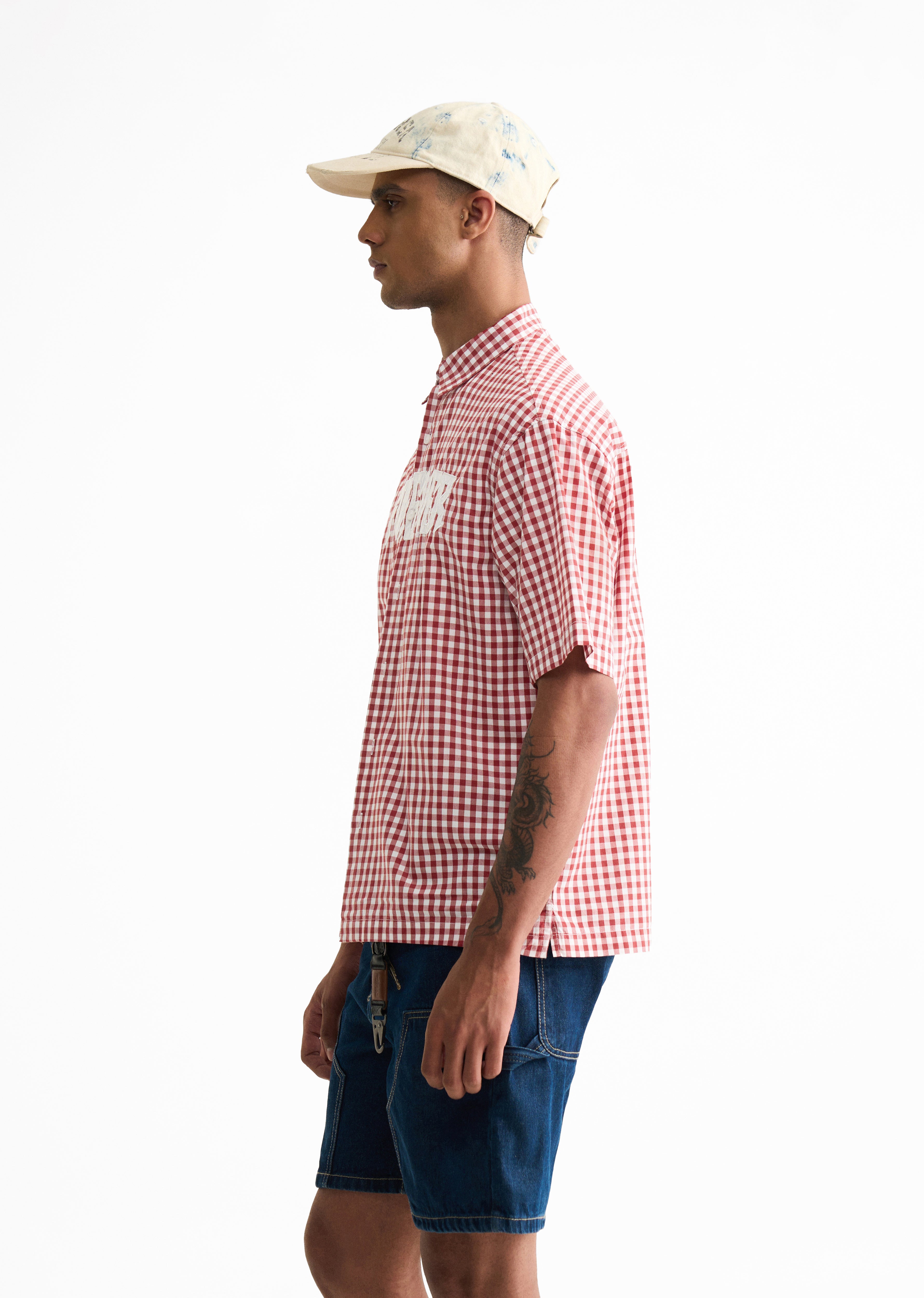 Red Typography Check Boxy Shirt