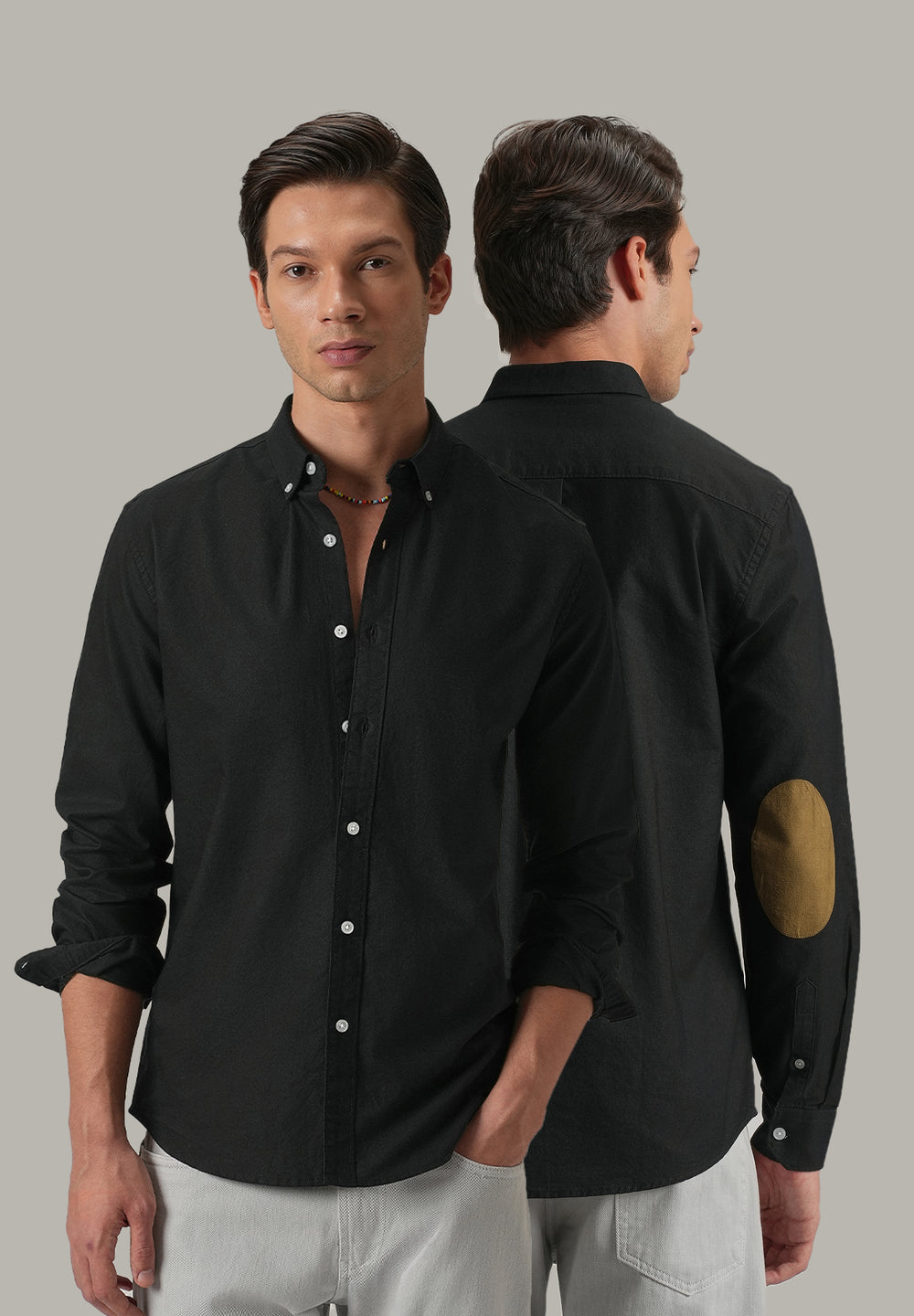 Black Plain Elbow Patch Oxford Shirt