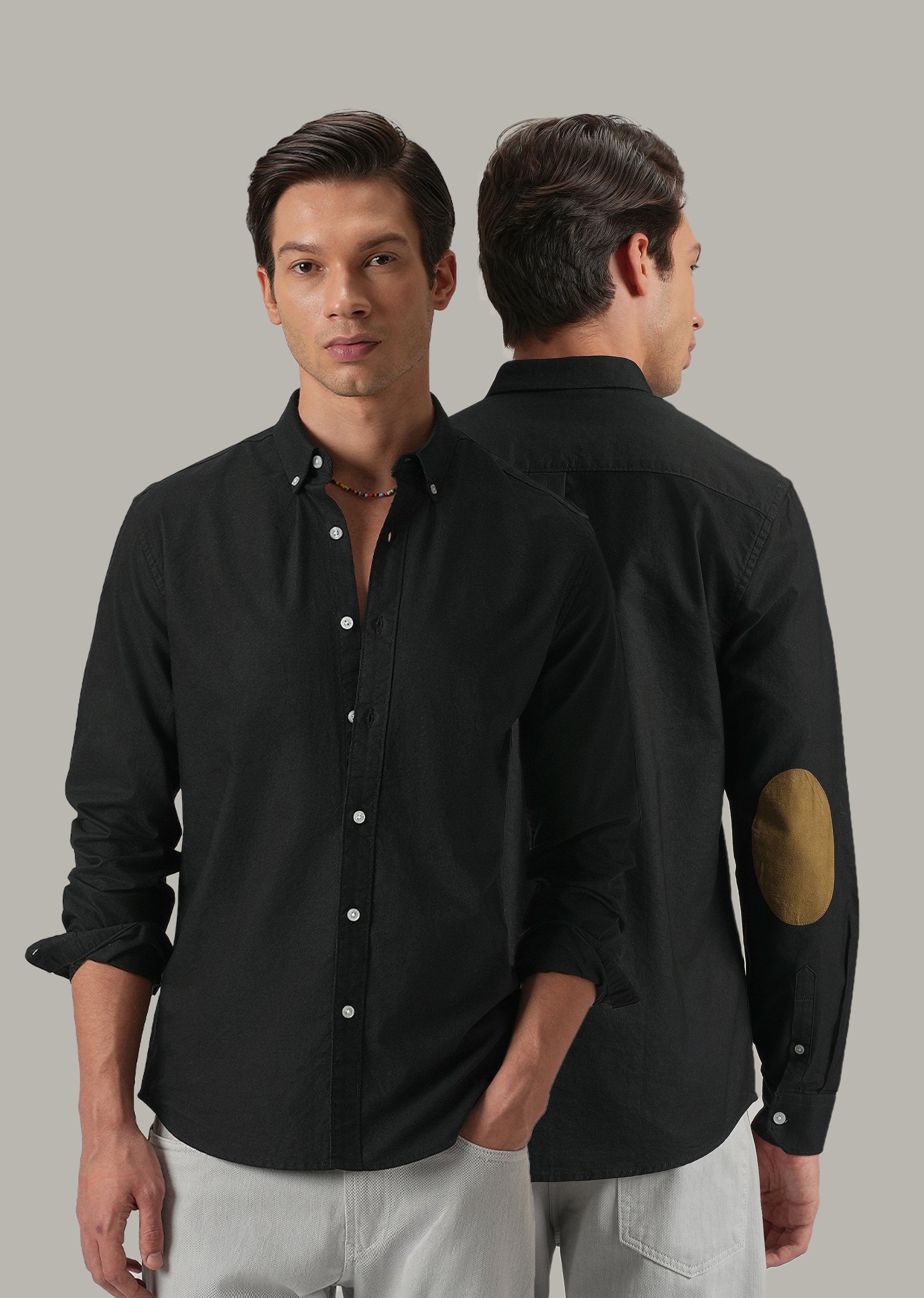 Black Plain Elbow Patch Oxford Shirt