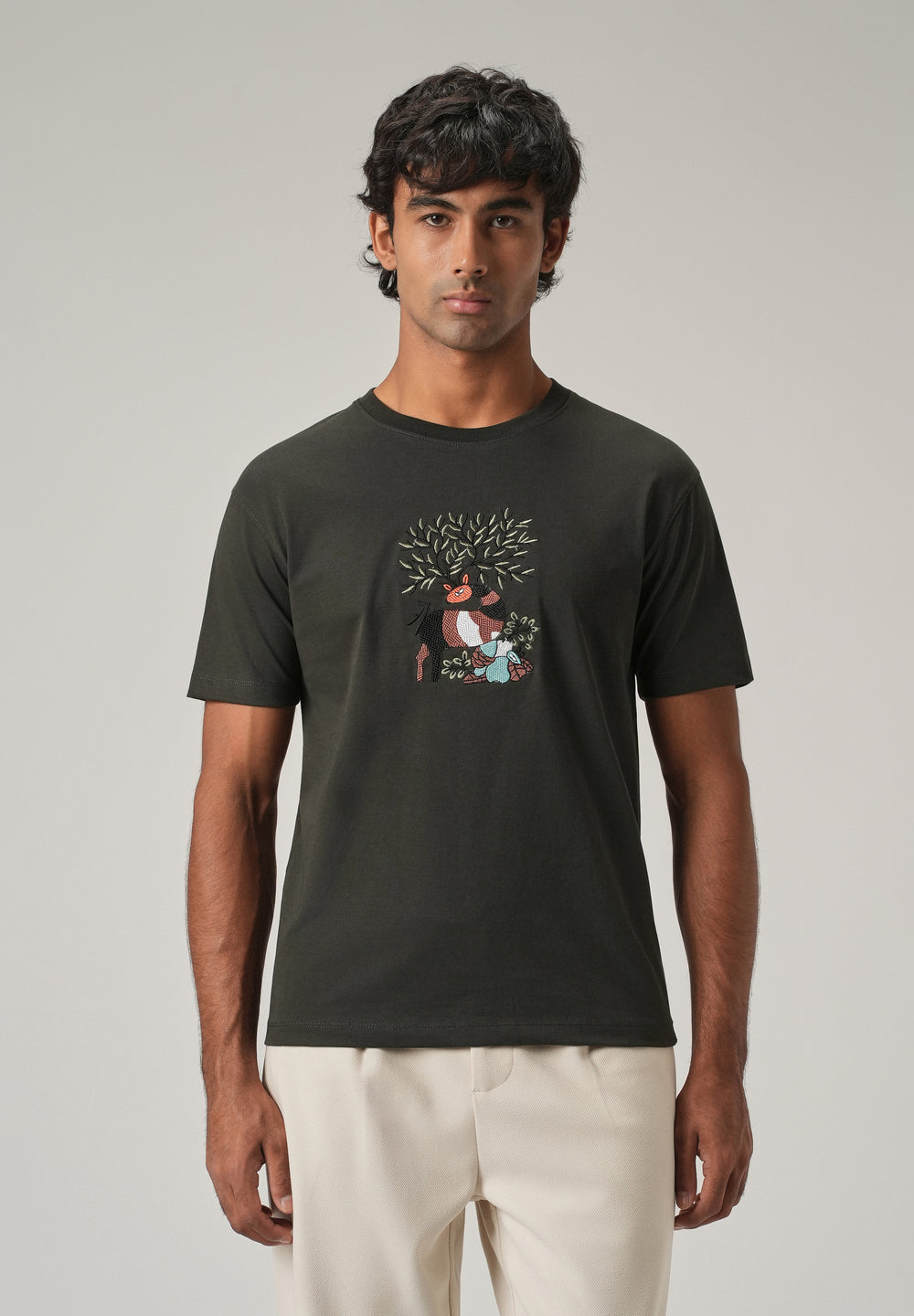 Dark Olive Chest Embroidered Slim Fit T-Shirt