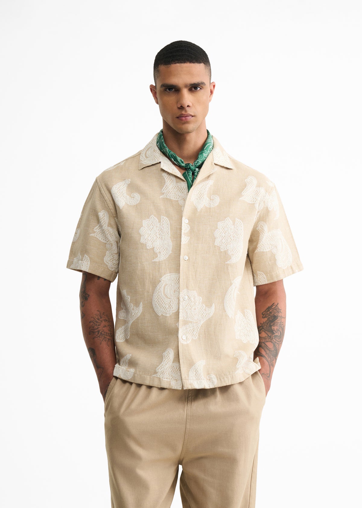 Beige Jacquard Floral Boxy Shirt