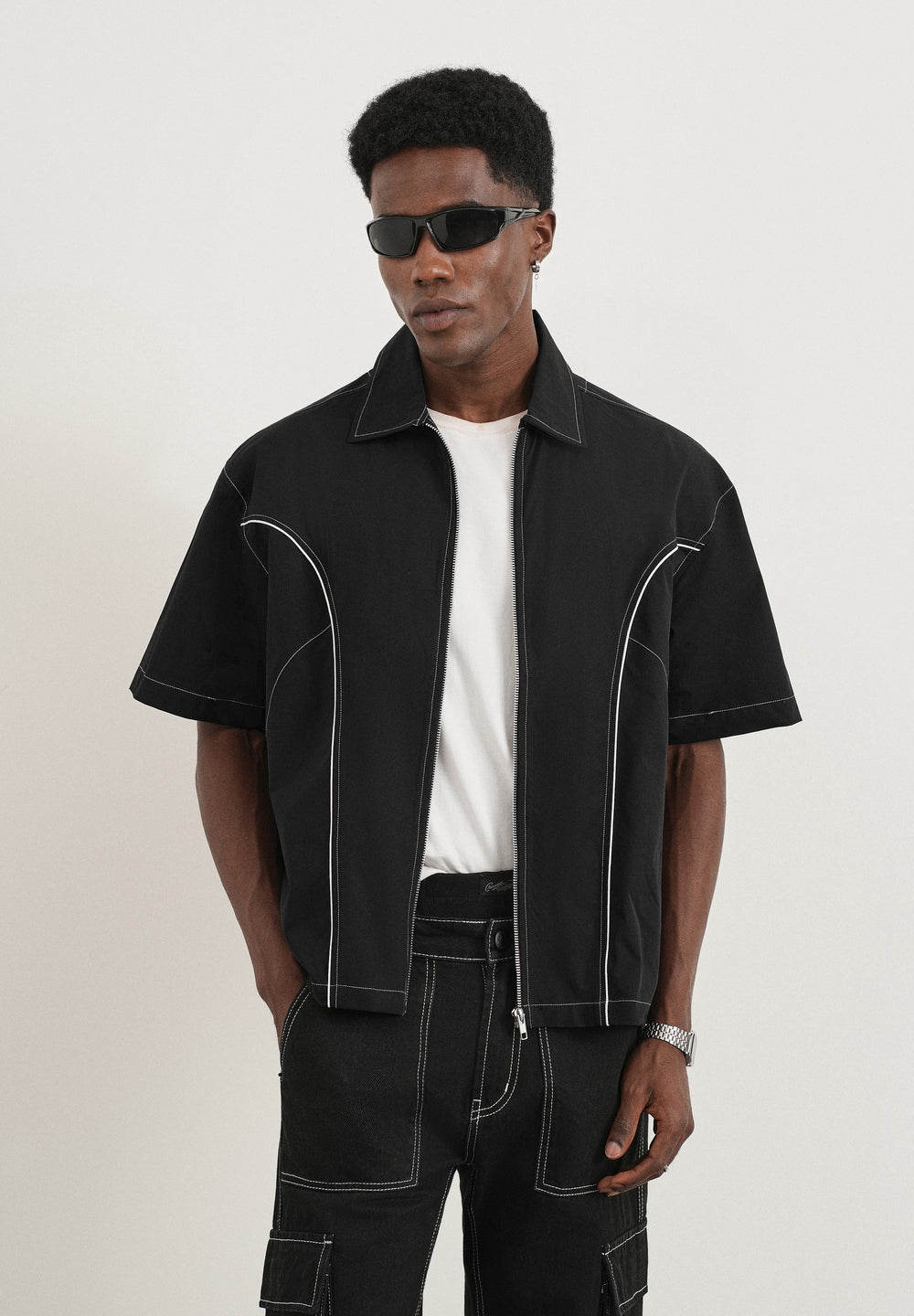 Black Contrast Stitch Panel Shirt