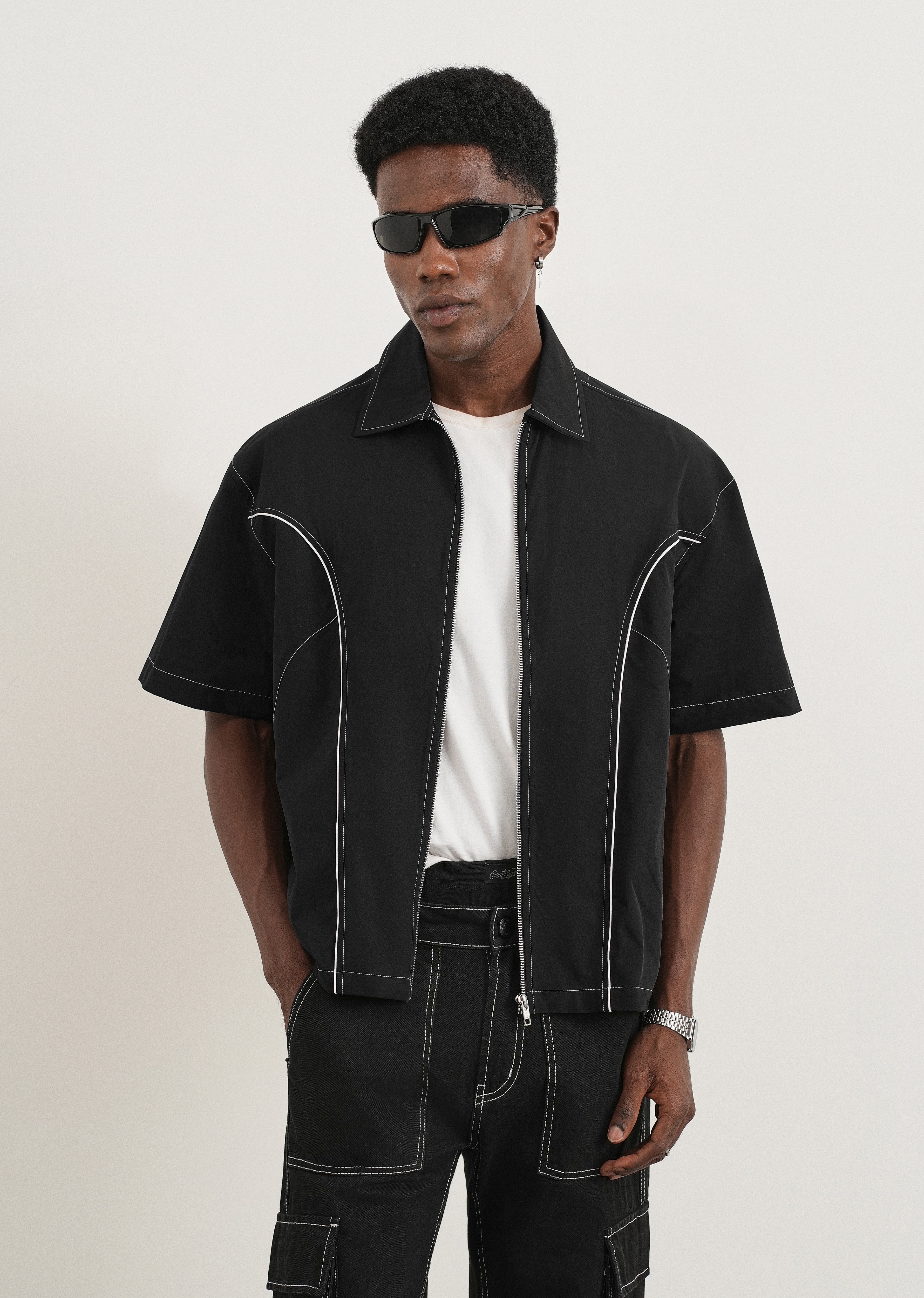 Black Contrast Stitch Panel Shirt