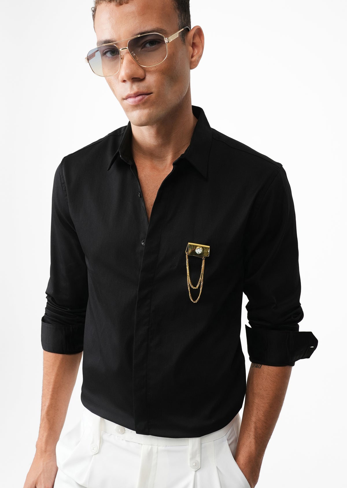 Metallic Chain Brooch Black Designer Shirt