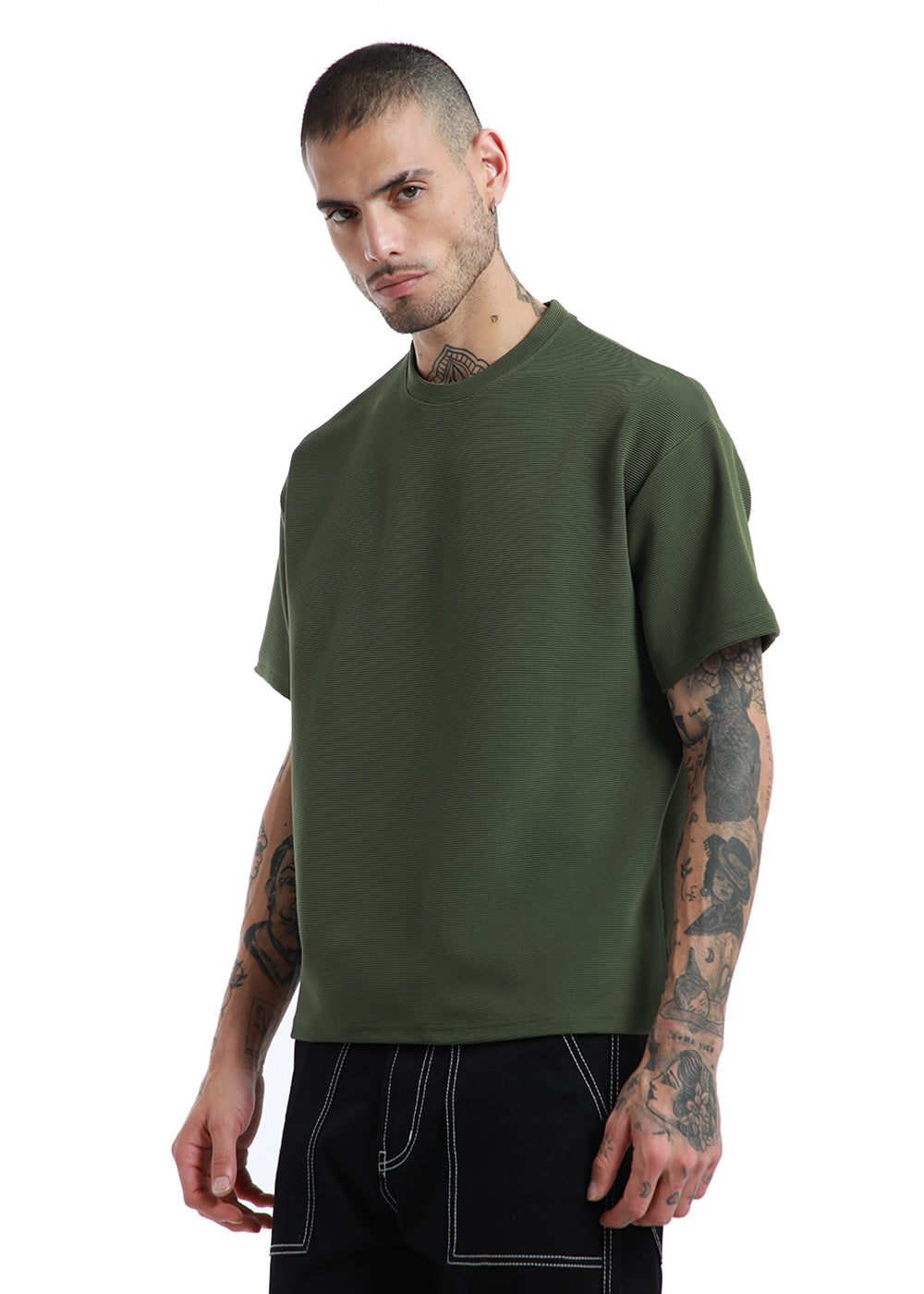 Oversized Olive Green Textured T-shirt