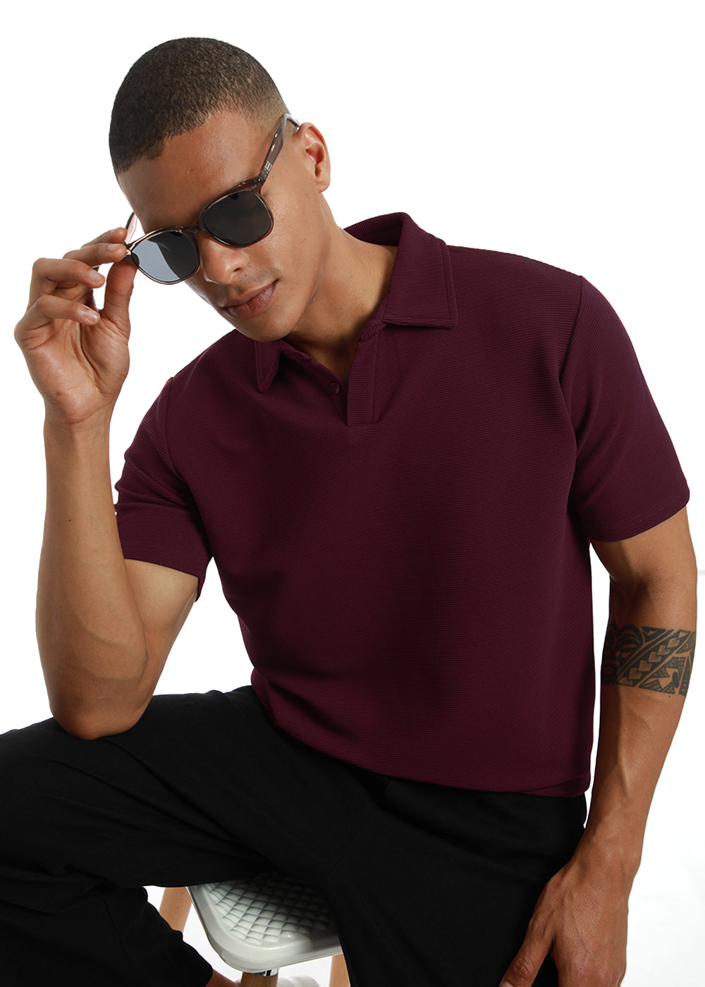 Maroon textured Polo T-shirt