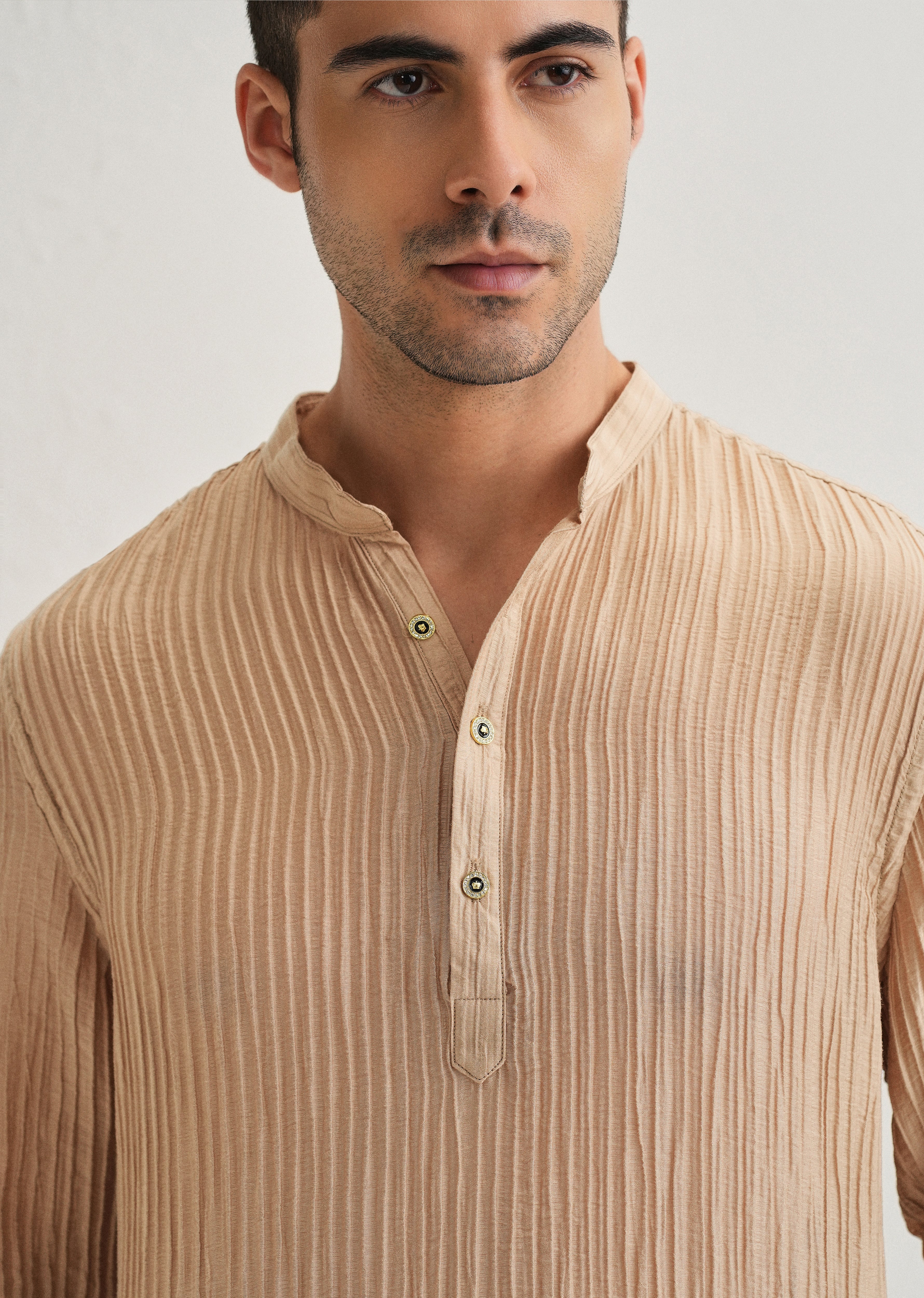 Sand Brown Crinkled Stripe Kurta