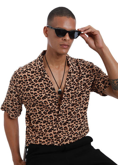 Brown Panthera Print Half sleeve shirt