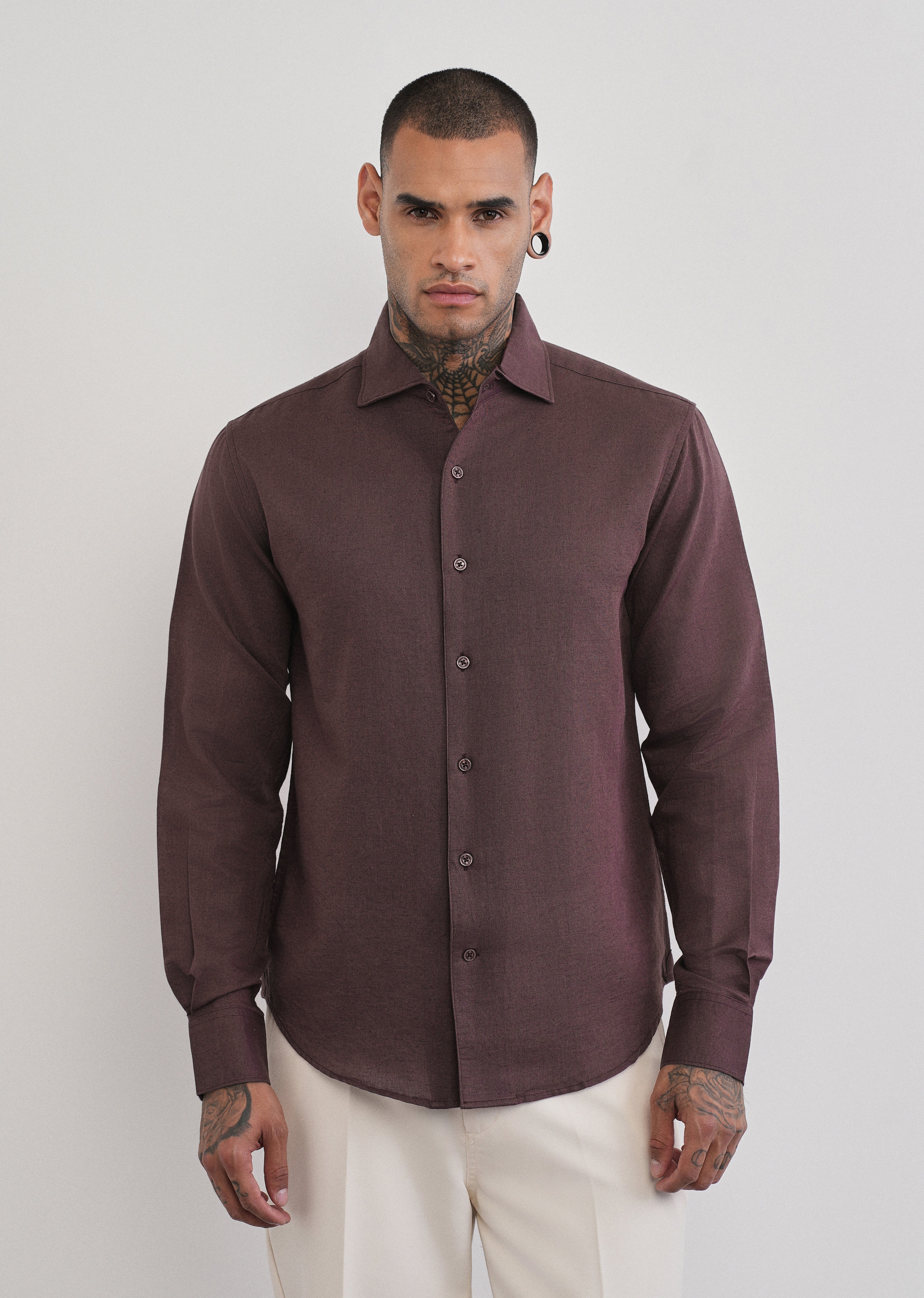 Wine Plain Cotton Linen Shirt