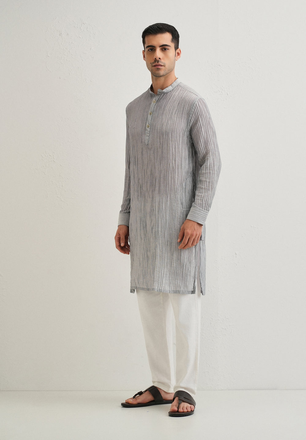 Grey Crinkled Stripe Kurta