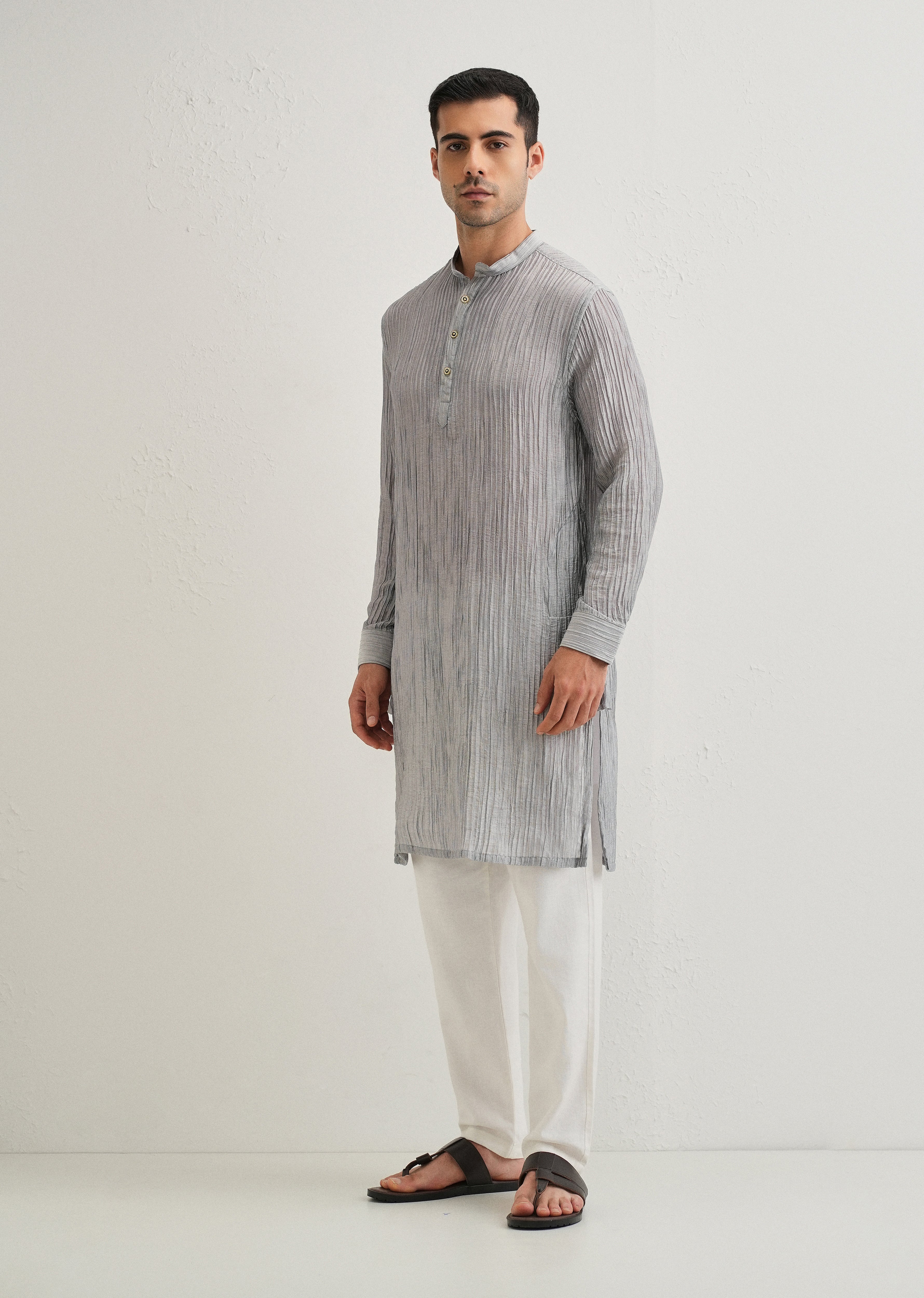 Grey Crinkled Stripe Kurta