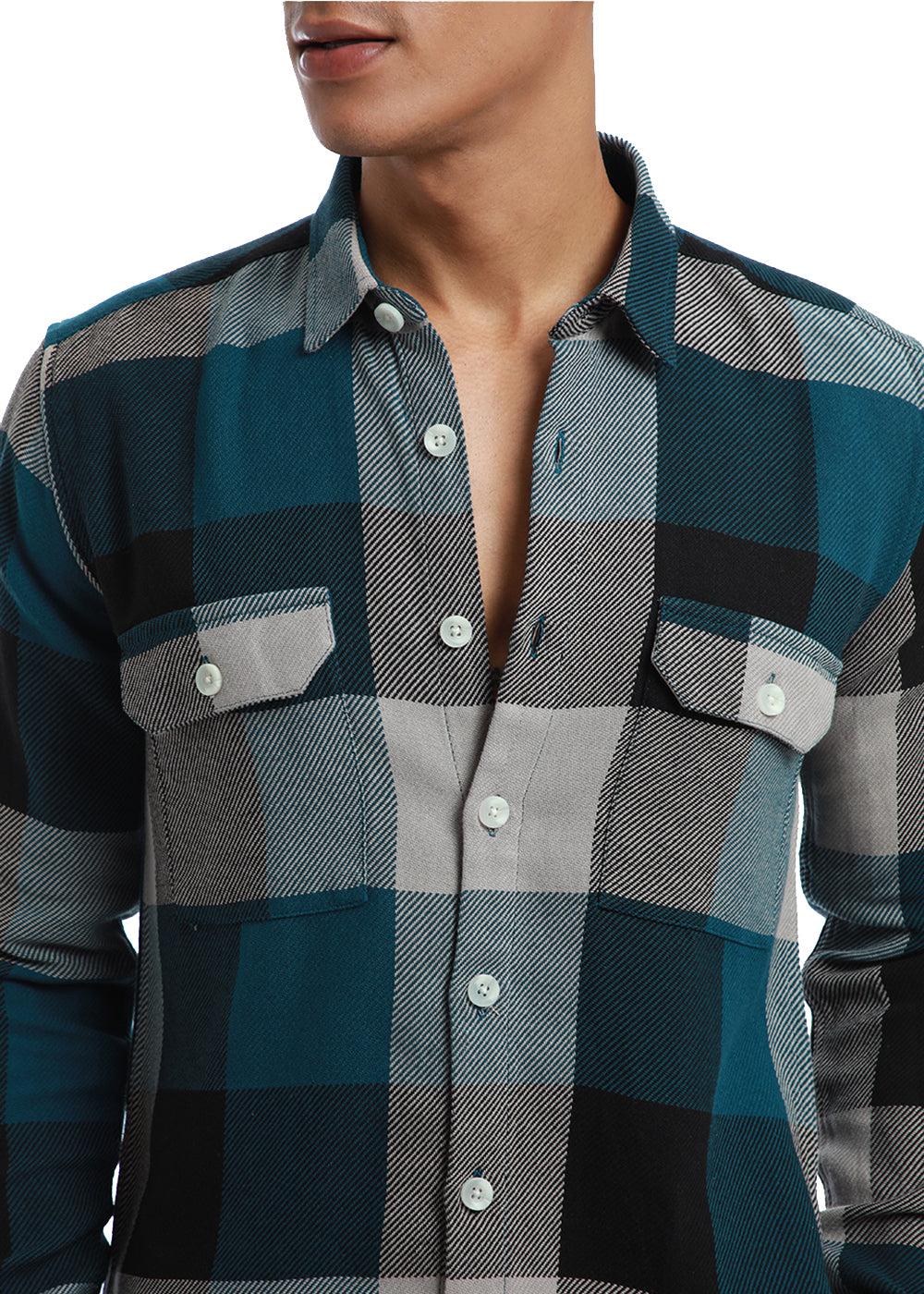 Teal Blue Brushed Cotton Check Shirt 3