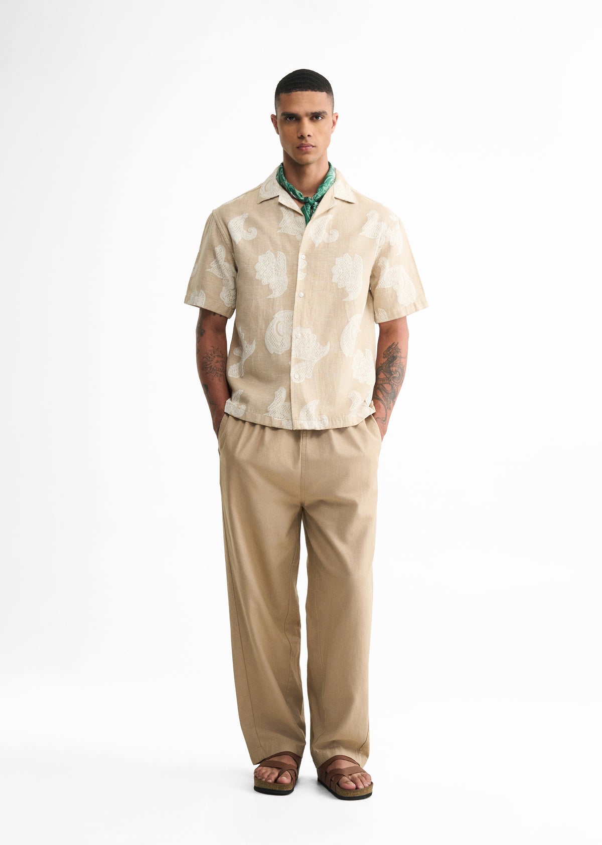 Beige Jacquard Floral Boxy Shirt