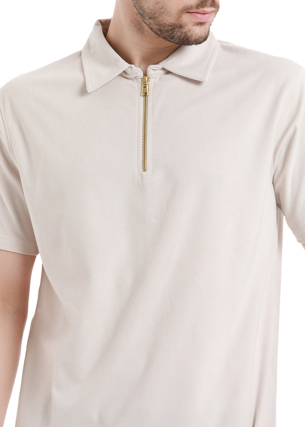 Cream Beige Zip polo T-shirt