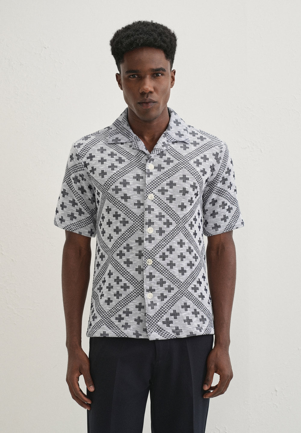 Dark Blue Jacquard Knitted Shirt