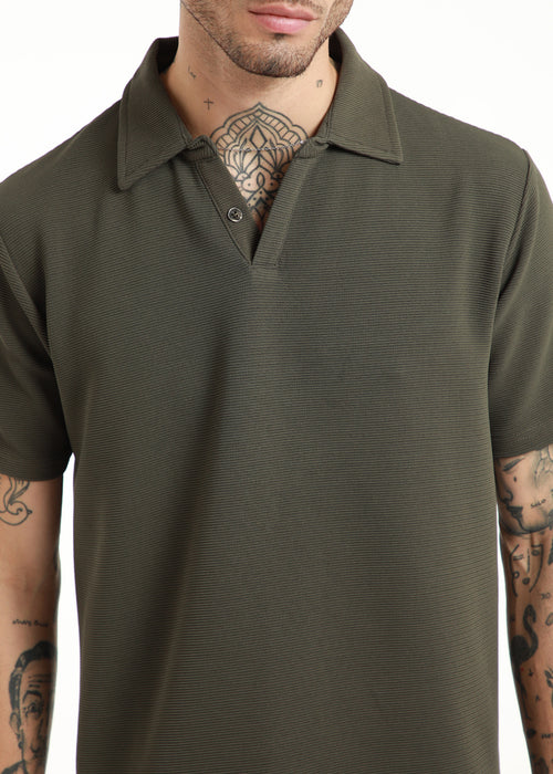 Olive Green Textured Polo T-shirt