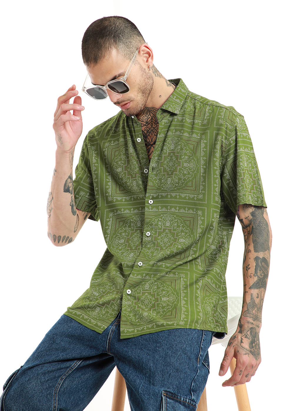 Green Bandana Print Half Sleeve Shirt