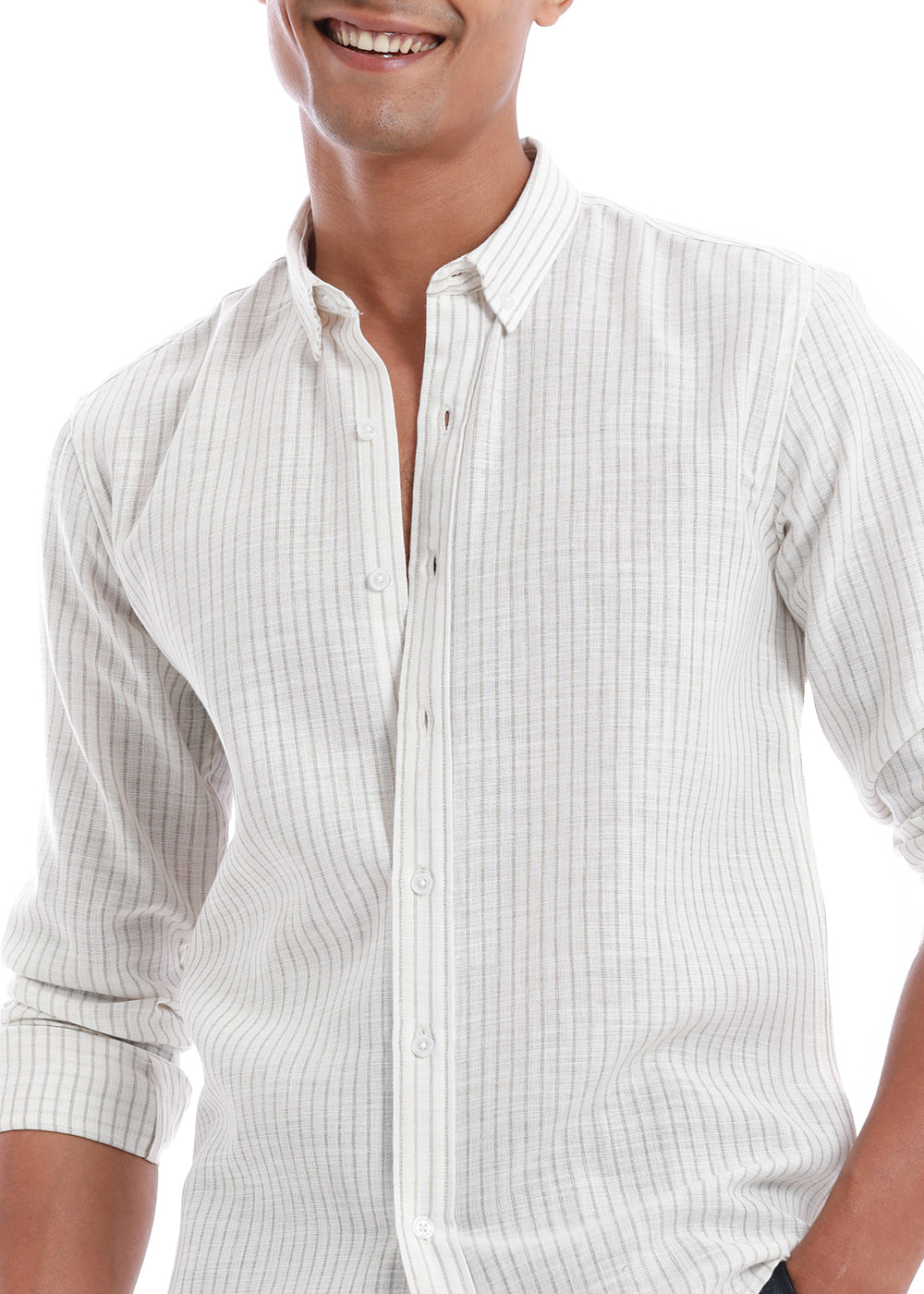 Elegant khaki Stripe Blended Linen shirt