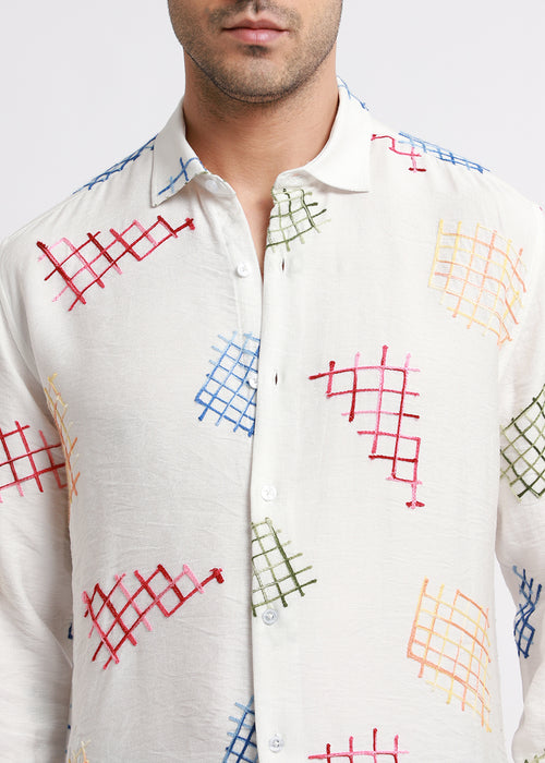 White Geometric Embroidered Shirt