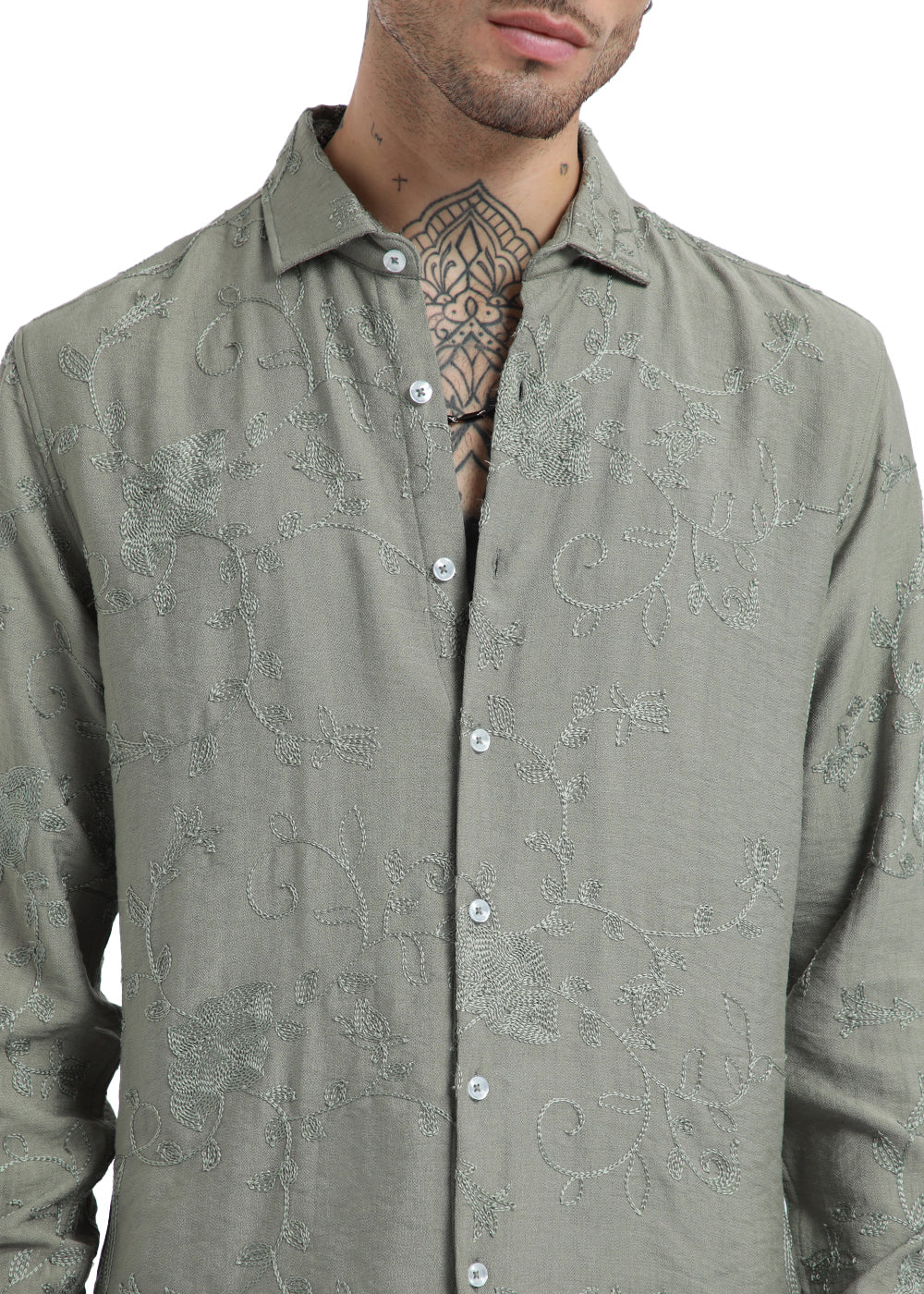 Pewter Green Floral Embroidery Shirt