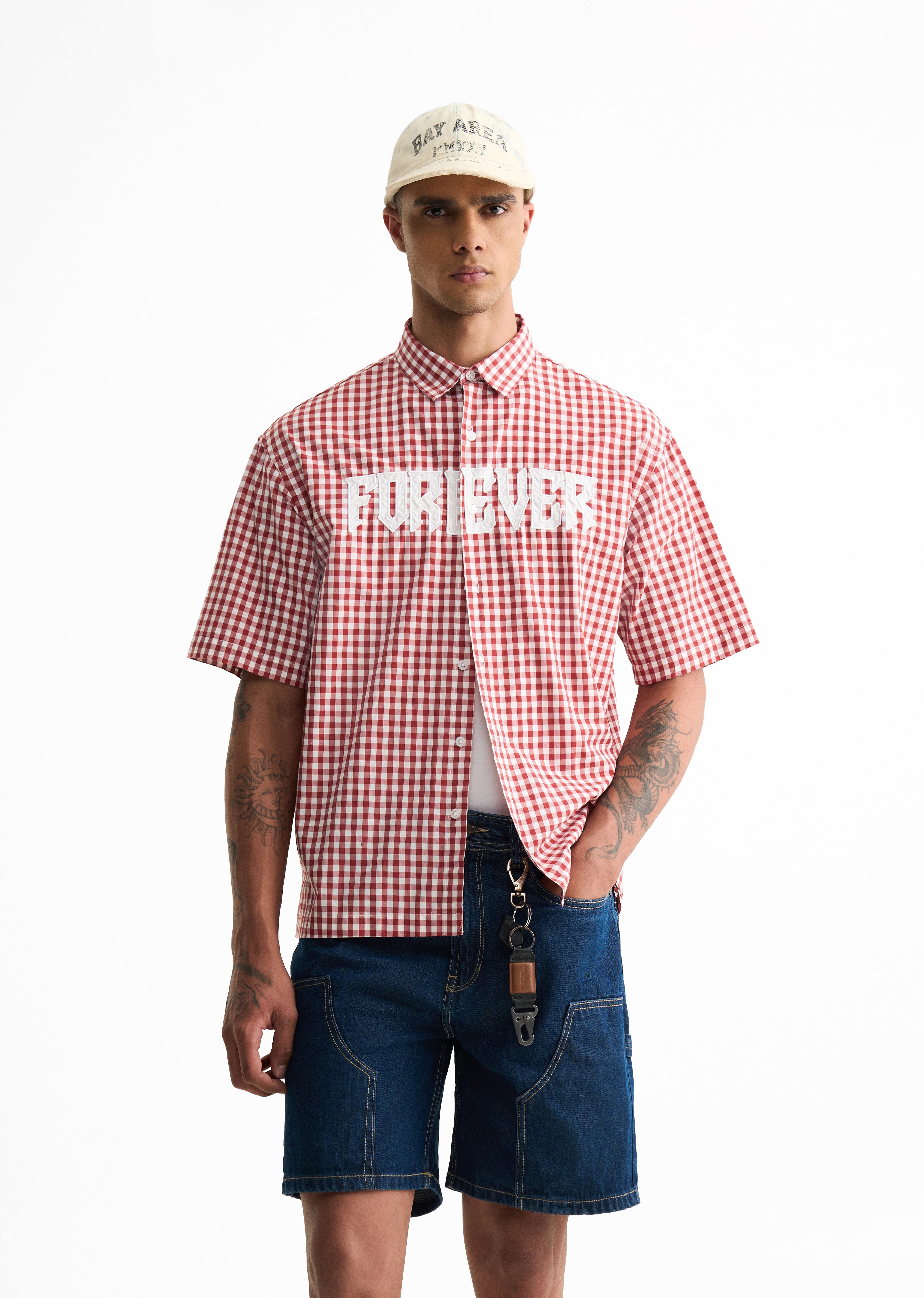 Red Typography Check Boxy Shirt