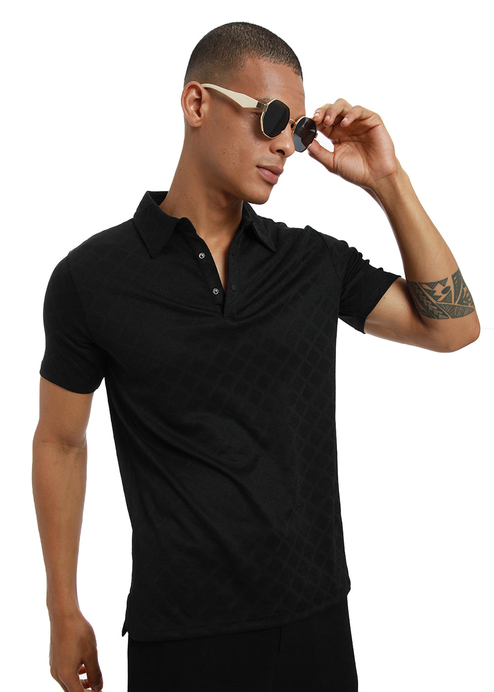 Lattice print black Polo Tshirt