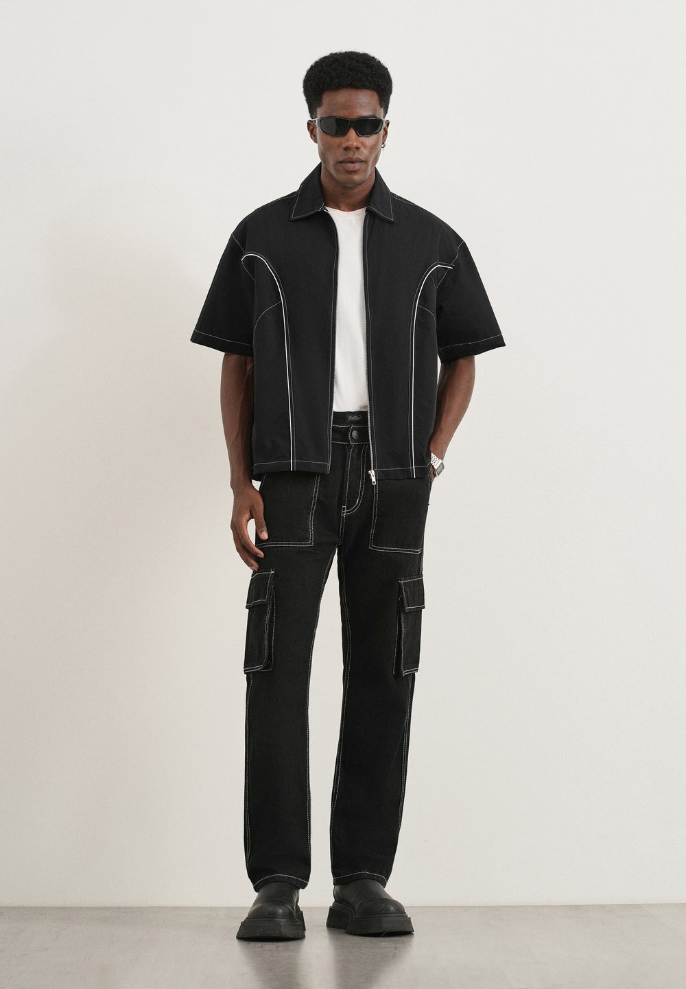 Black Contrast Stitch Panel Shirt