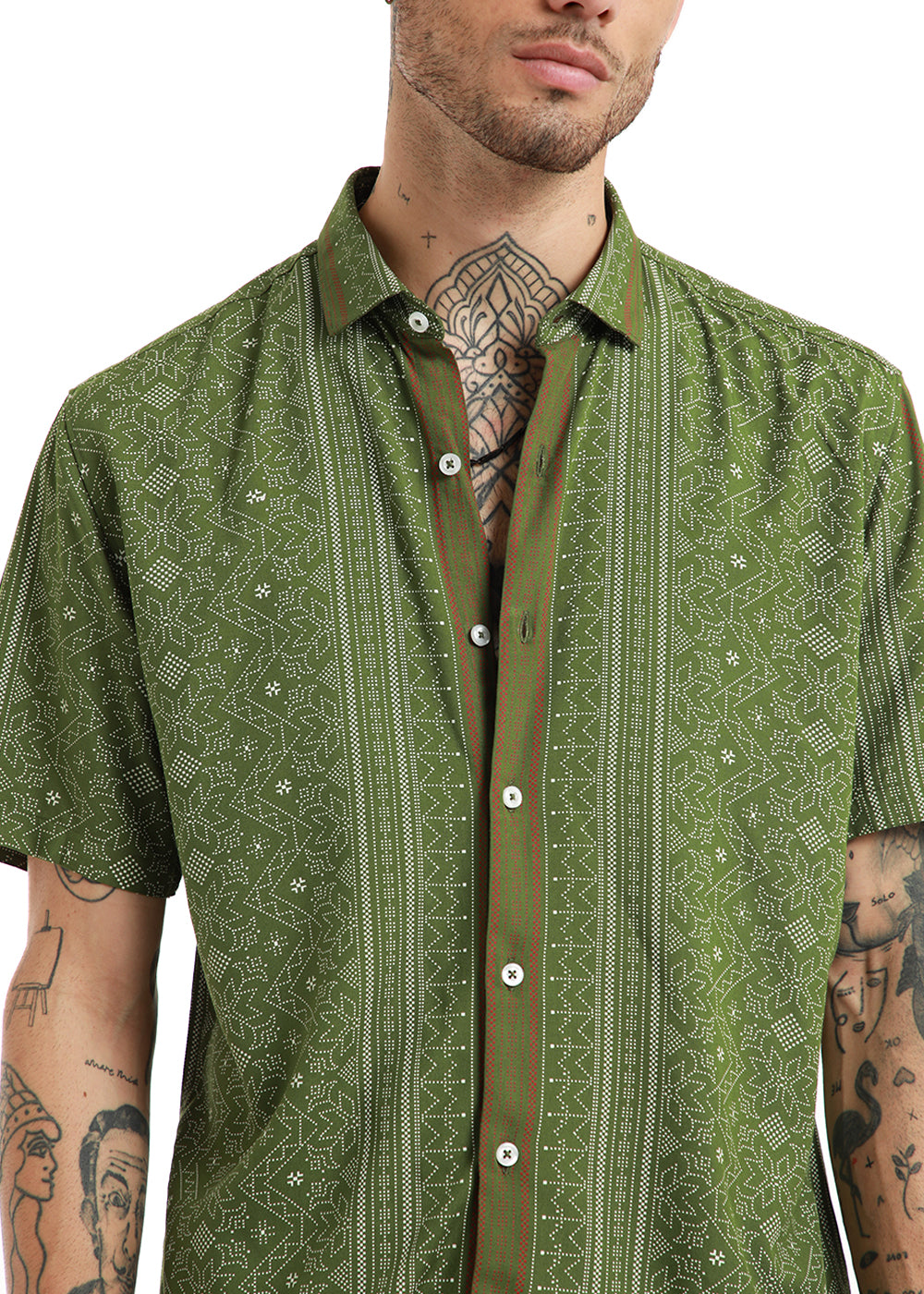 Fabula Olive Green Print Half Sleeve Shirt
