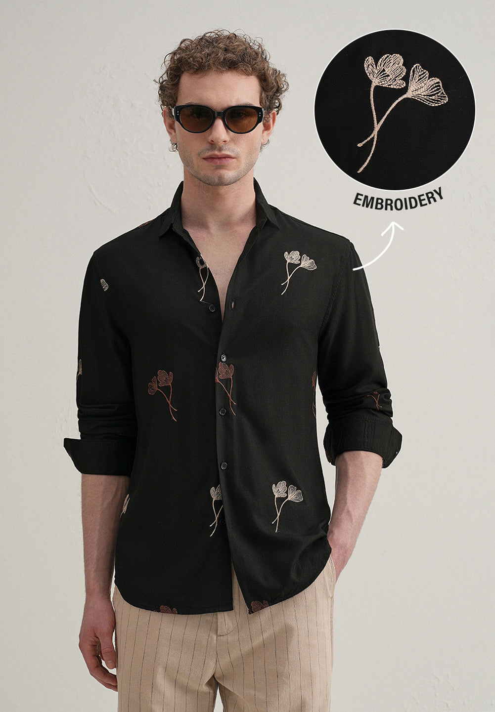 Black Floral Motif Embroidery Shirt