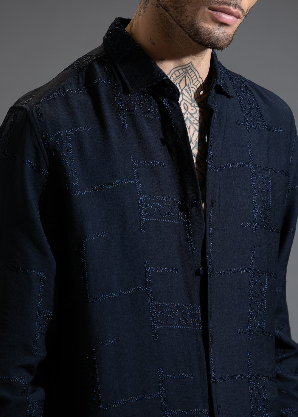 Prussian Blue Curvy Embroidery Shirt
