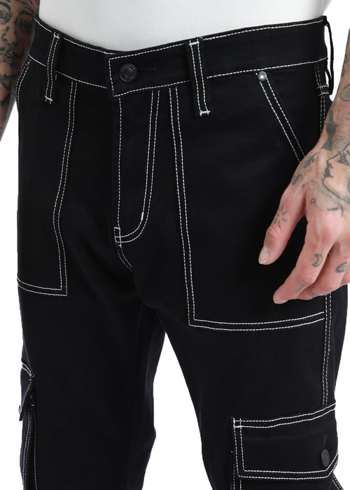 Contrast Stitched Black Denim Cargo