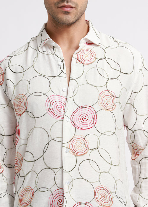 White Circular Embroidered Shirt