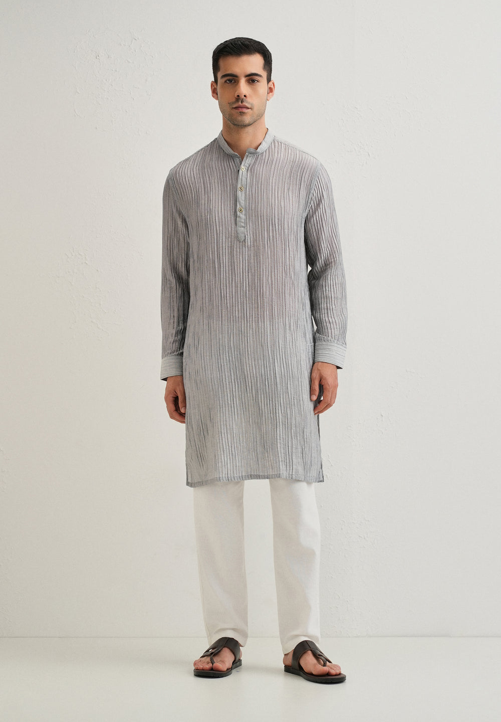 Grey Crinkled Stripe Kurta
