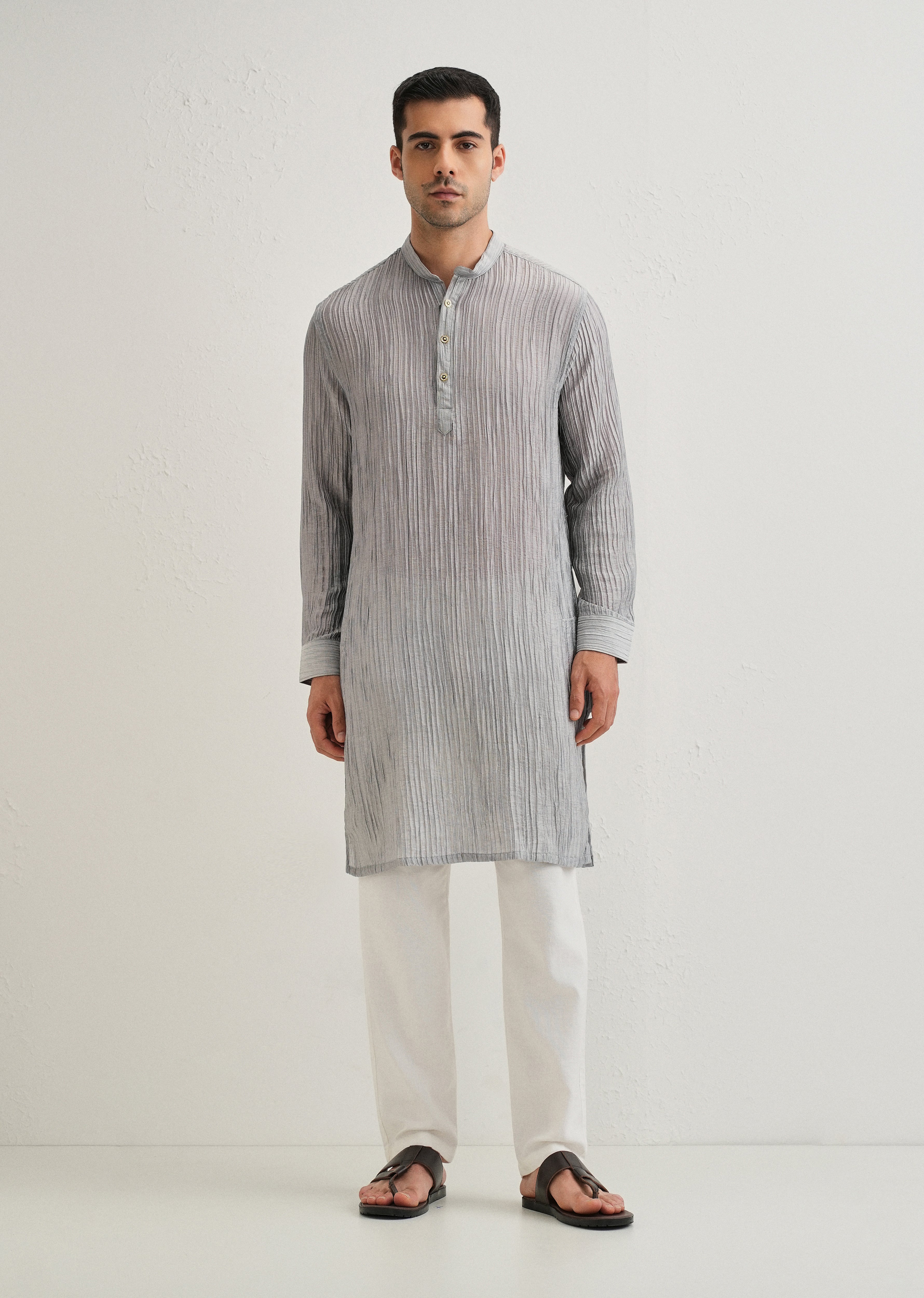 Grey Crinkled Stripe Kurta