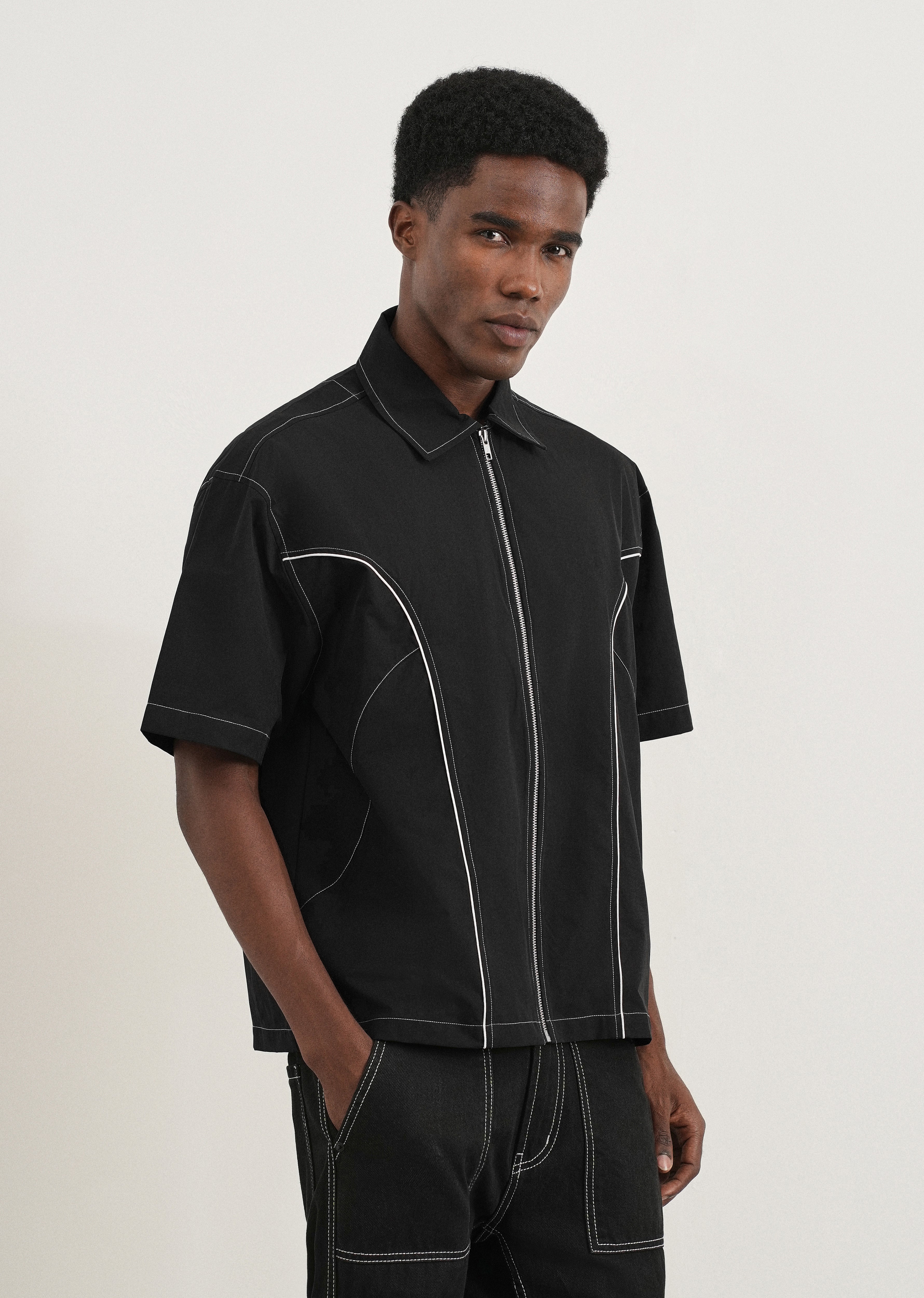 Black Contrast Stitch Panel Shirt
