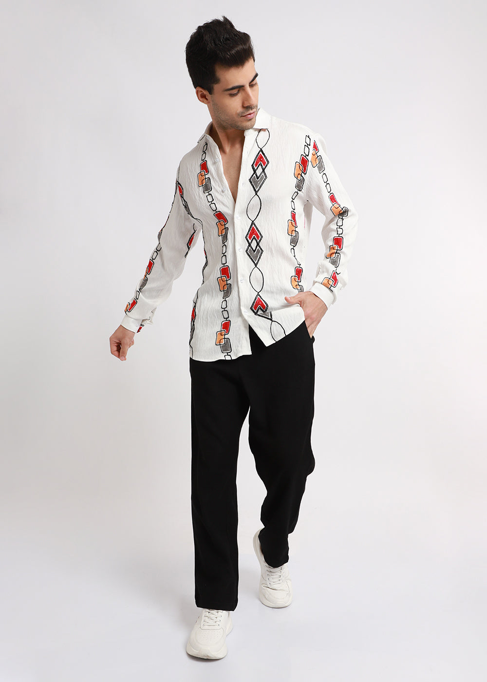 White Abstract Embroidered Shirt