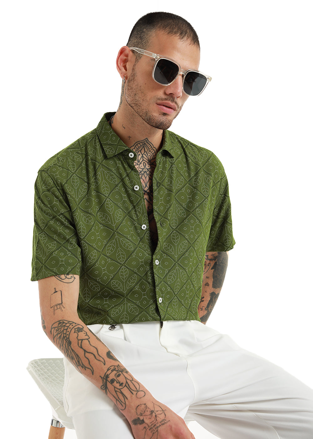 Moss Leaf Print Half Sleeve Shirt