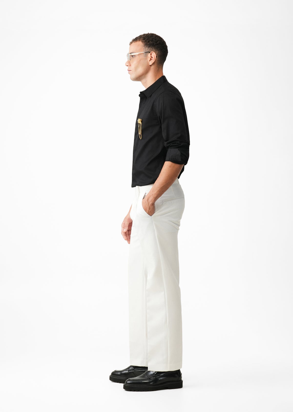 Metallic Chain Brooch Black Designer Shirt
