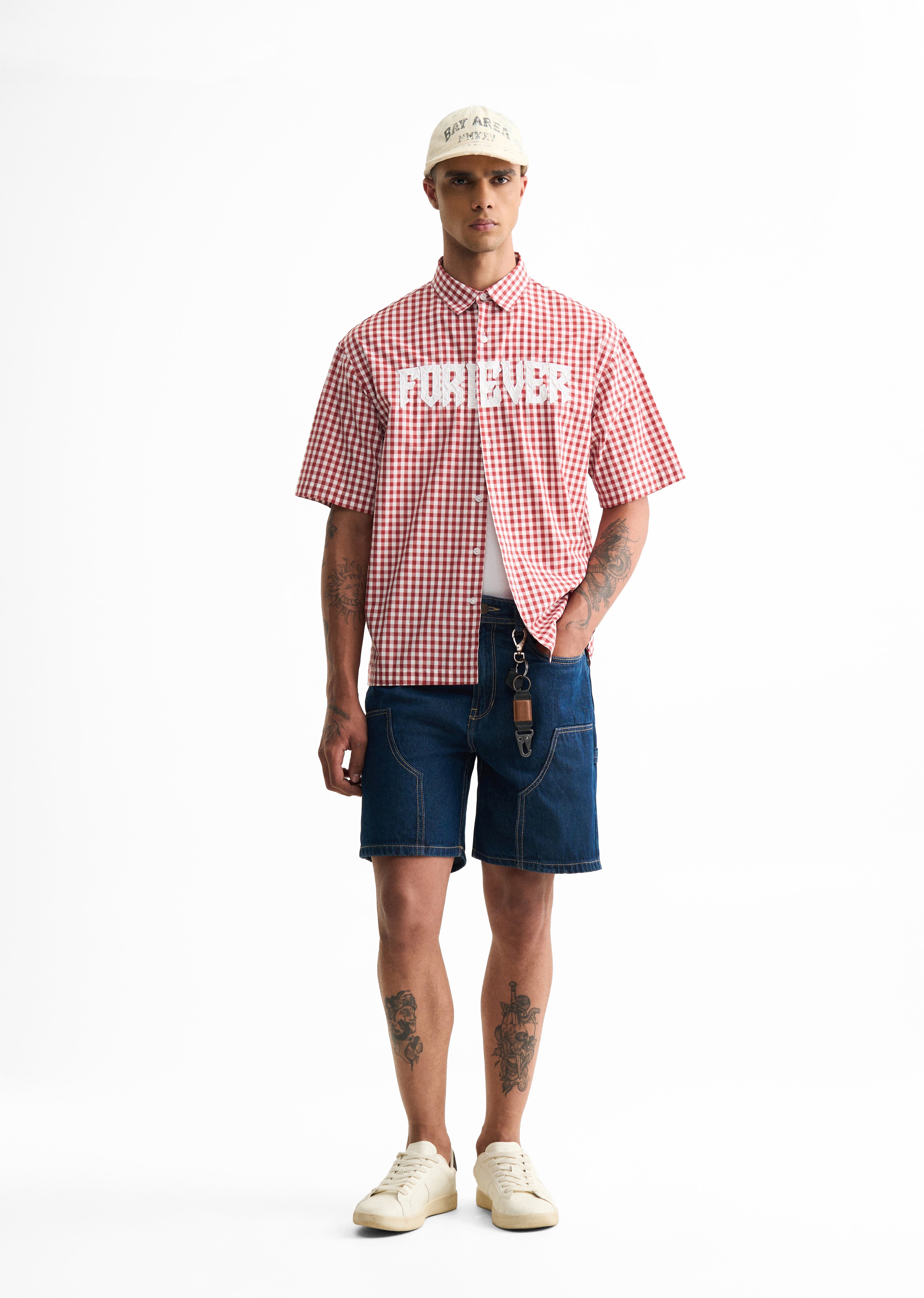 Red Typography Check Boxy Shirt