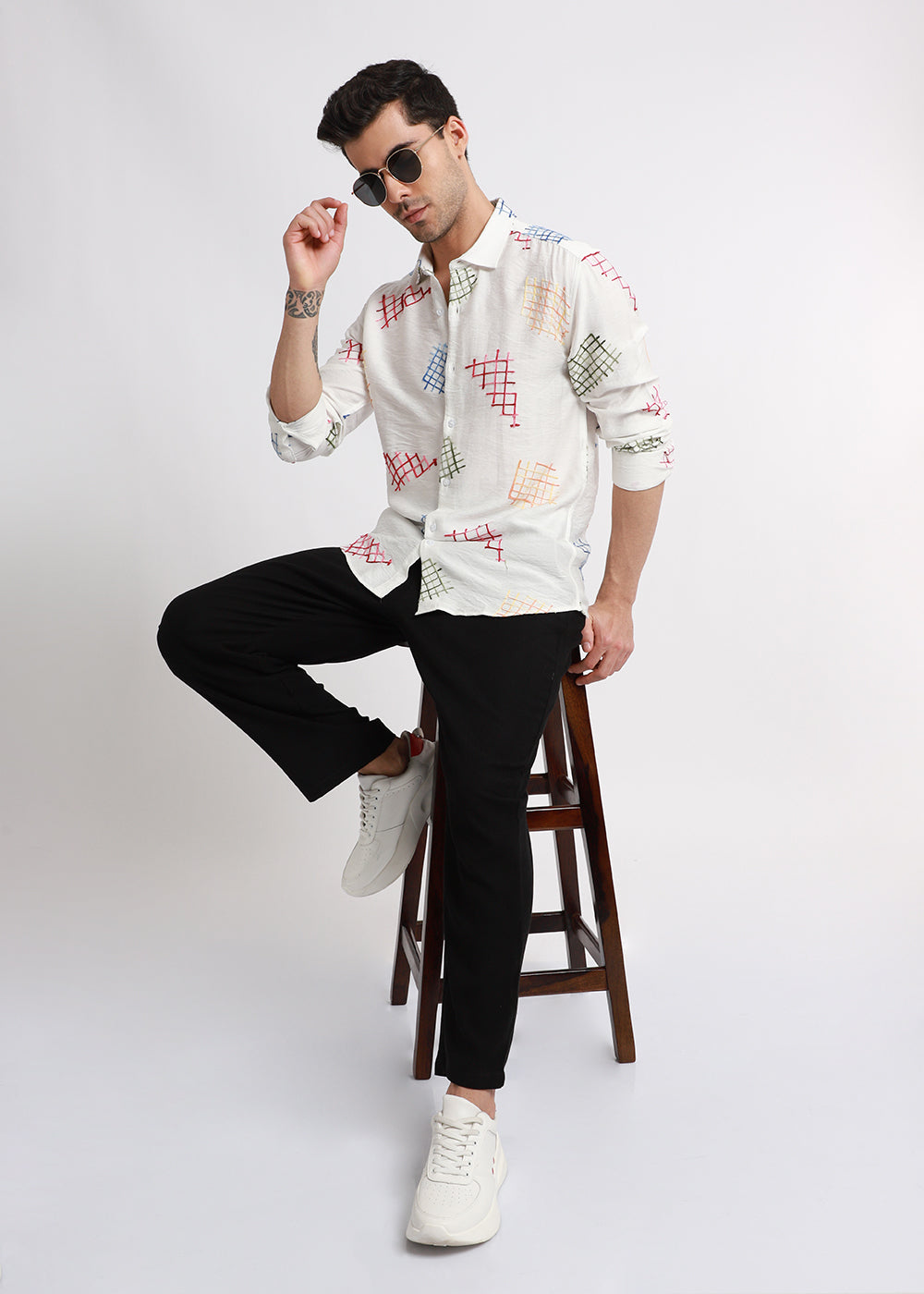 White Geometric Embroidered Shirt