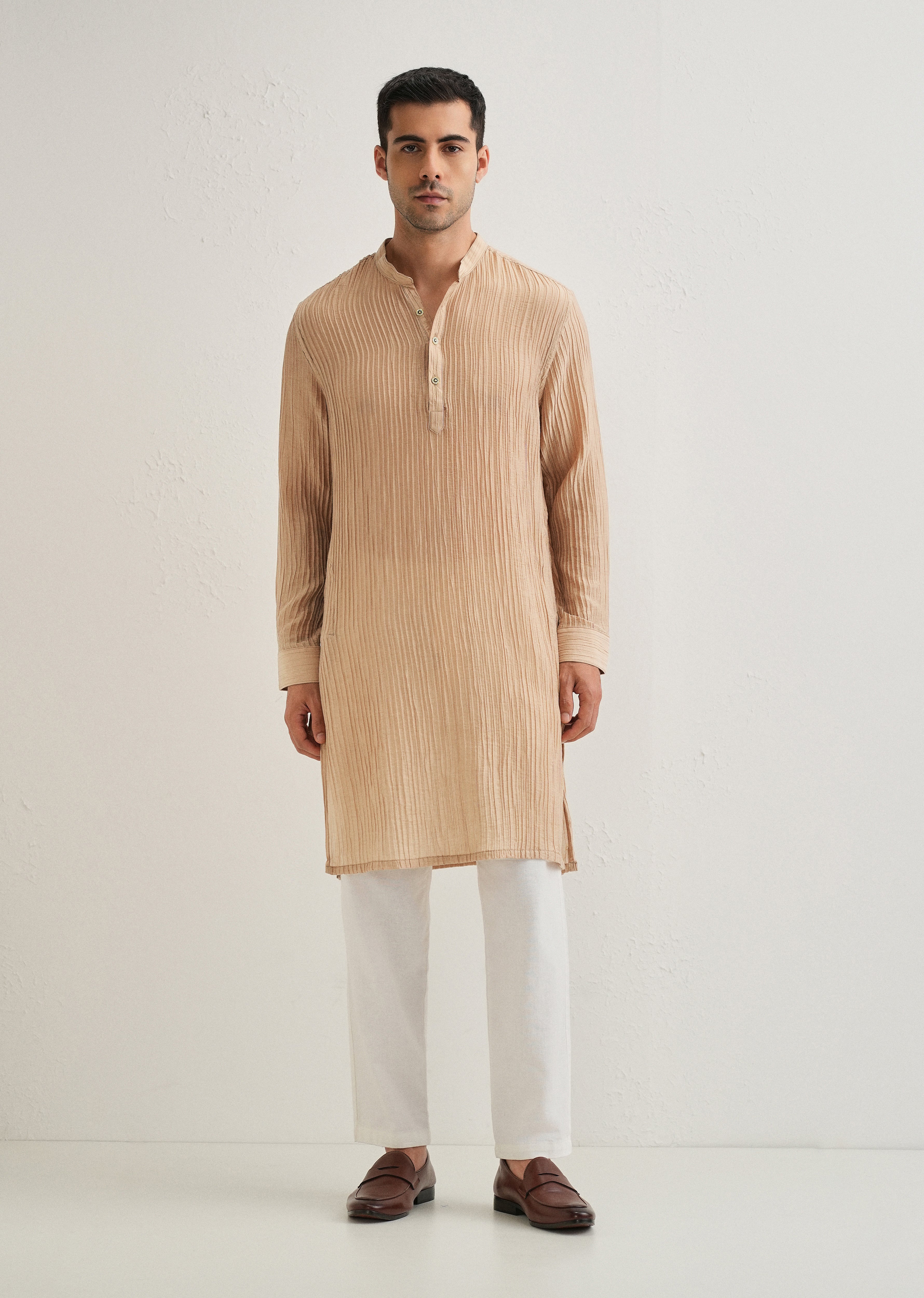 Sand Brown Crinkled Stripe Kurta