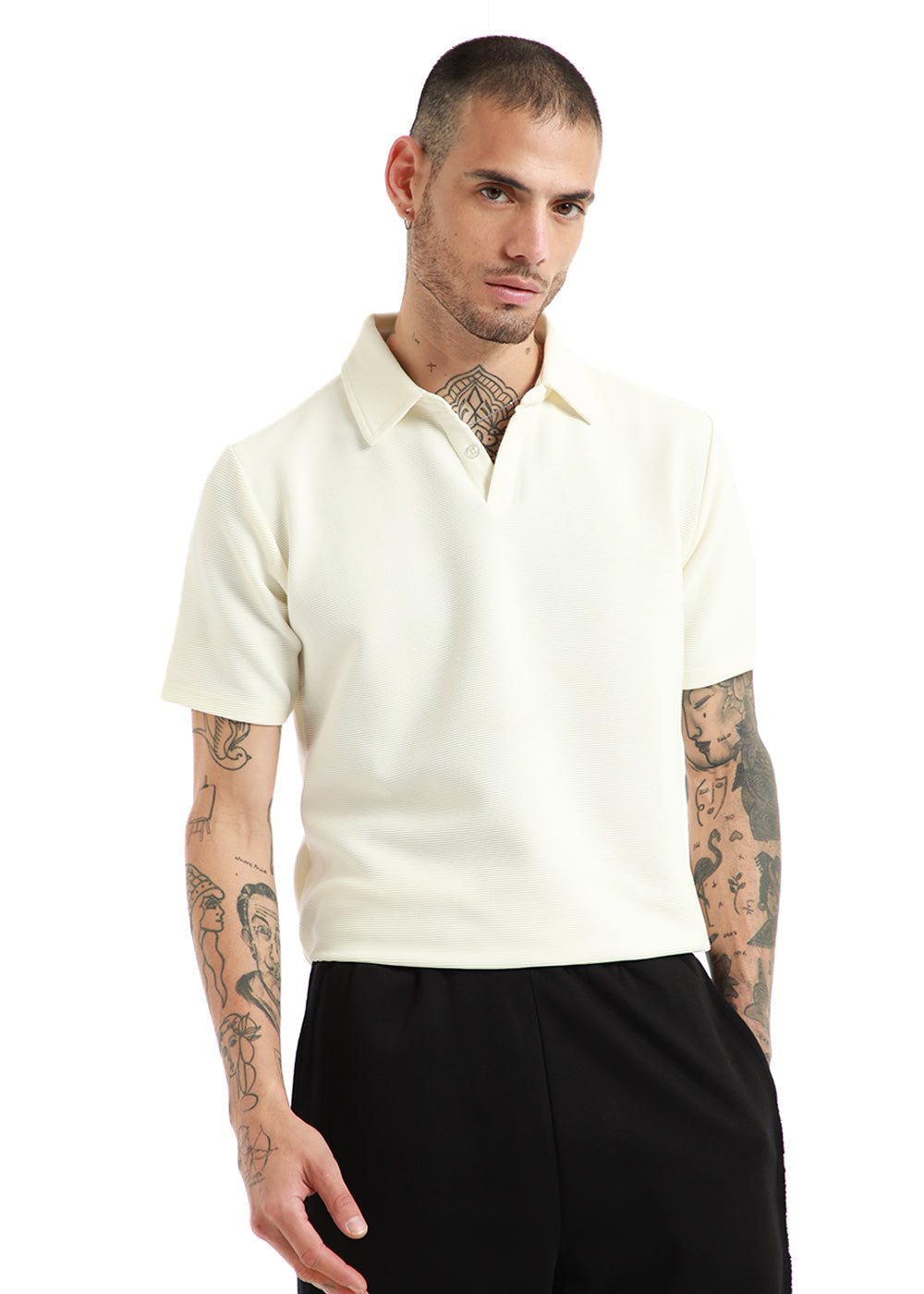 Off White Textured Polo Tshirt