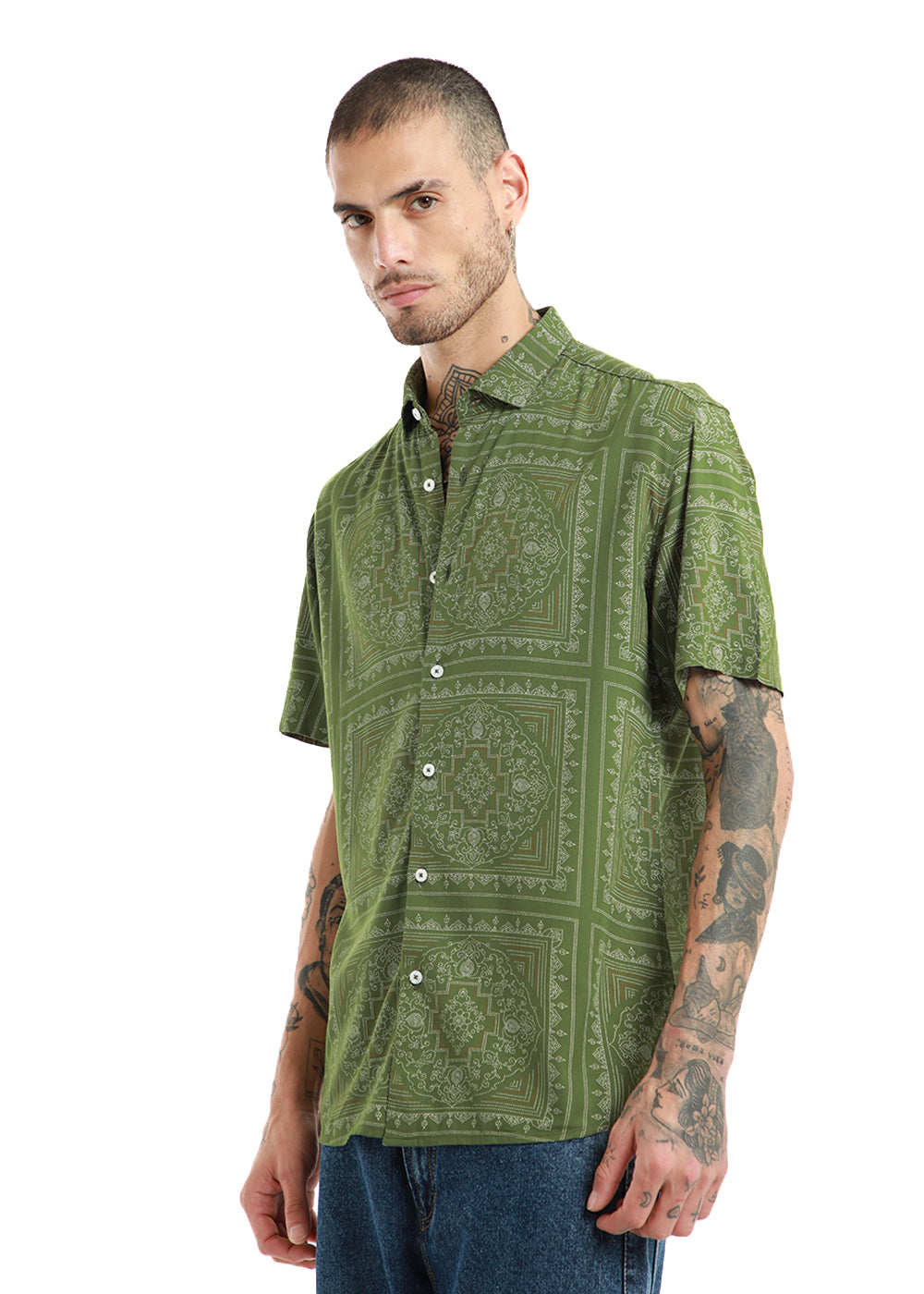 Green Bandana Print Half Sleeve Shirt