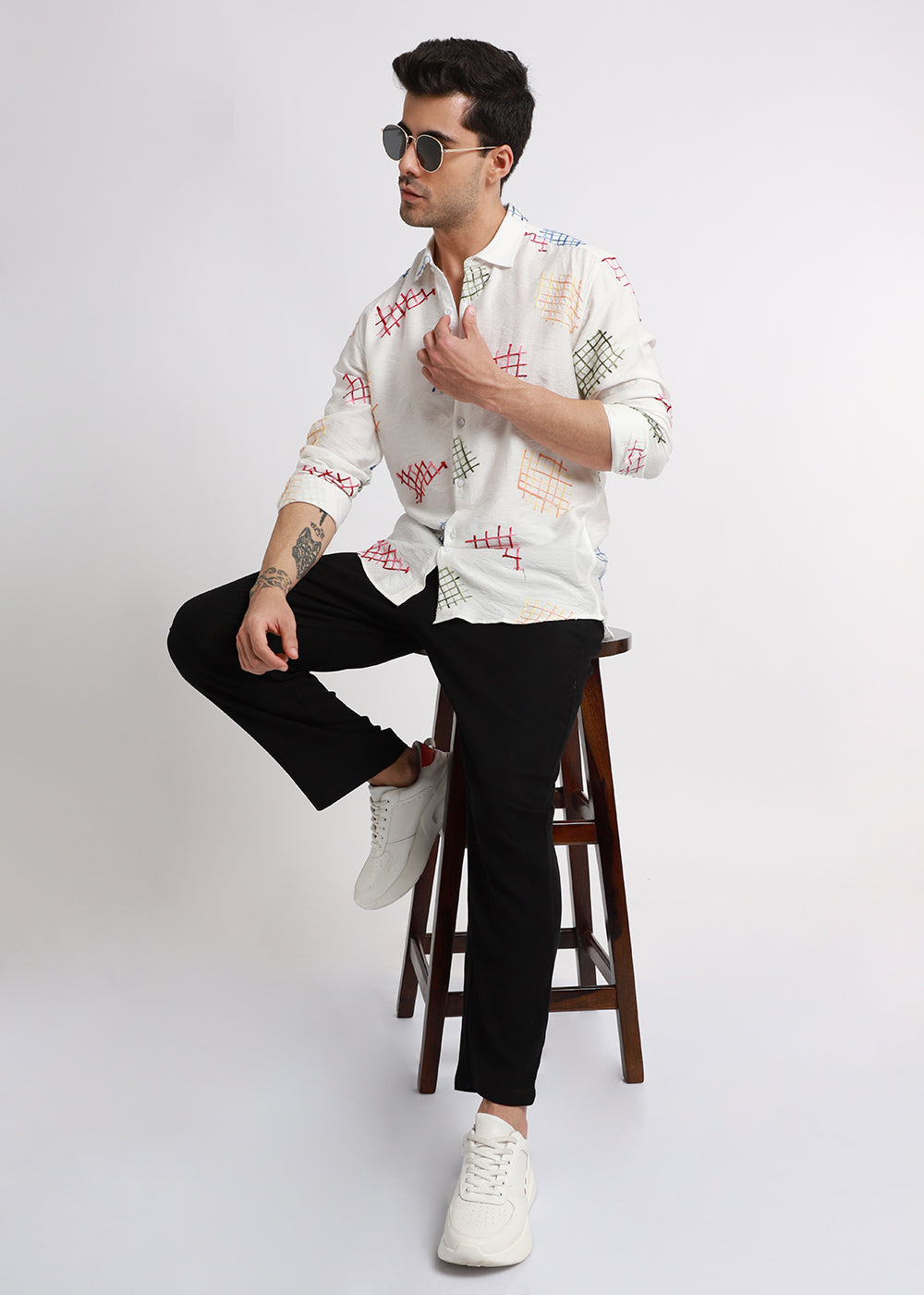 White Geometric Embroidered Shirt