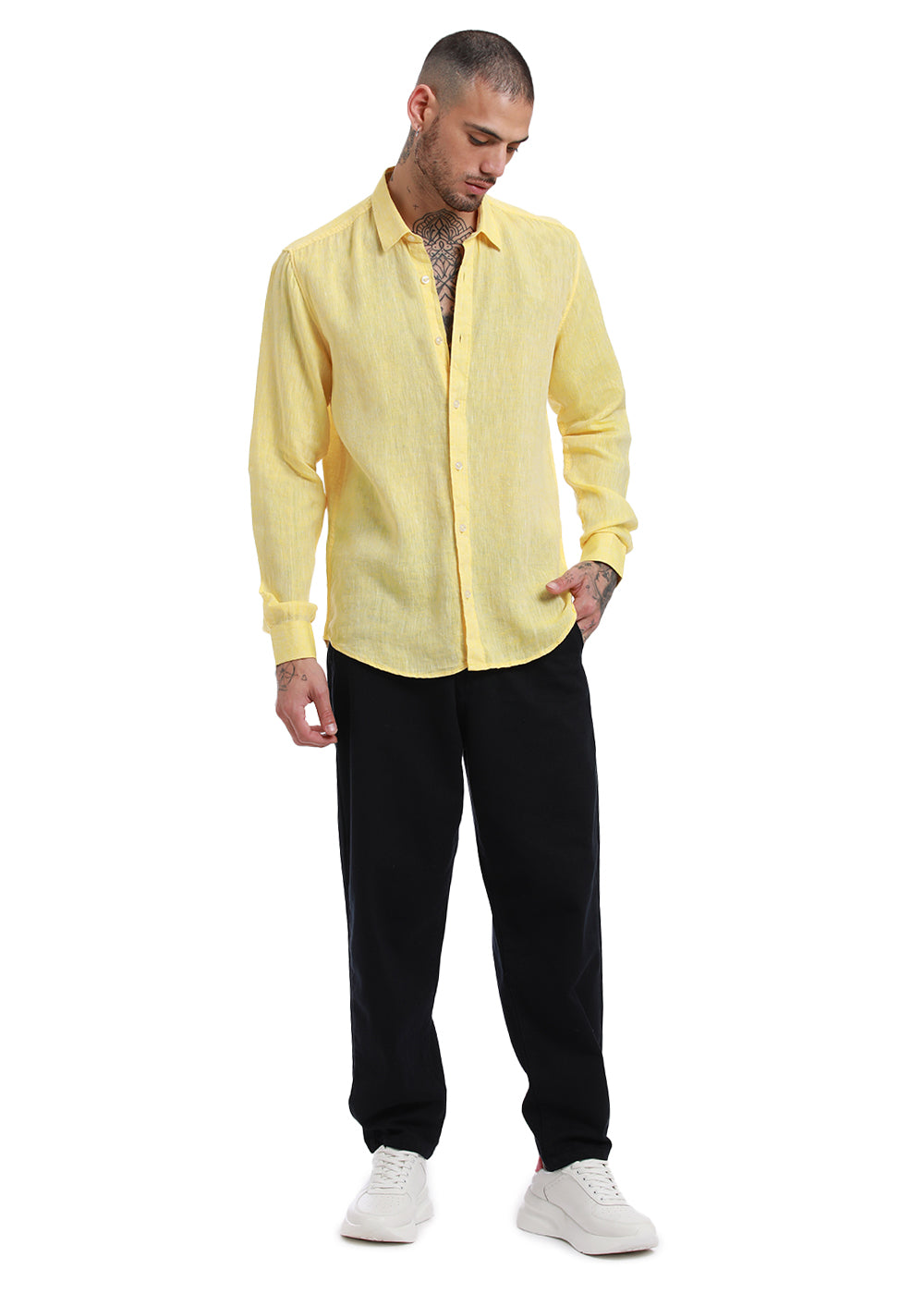 pastel yellow linen shirt