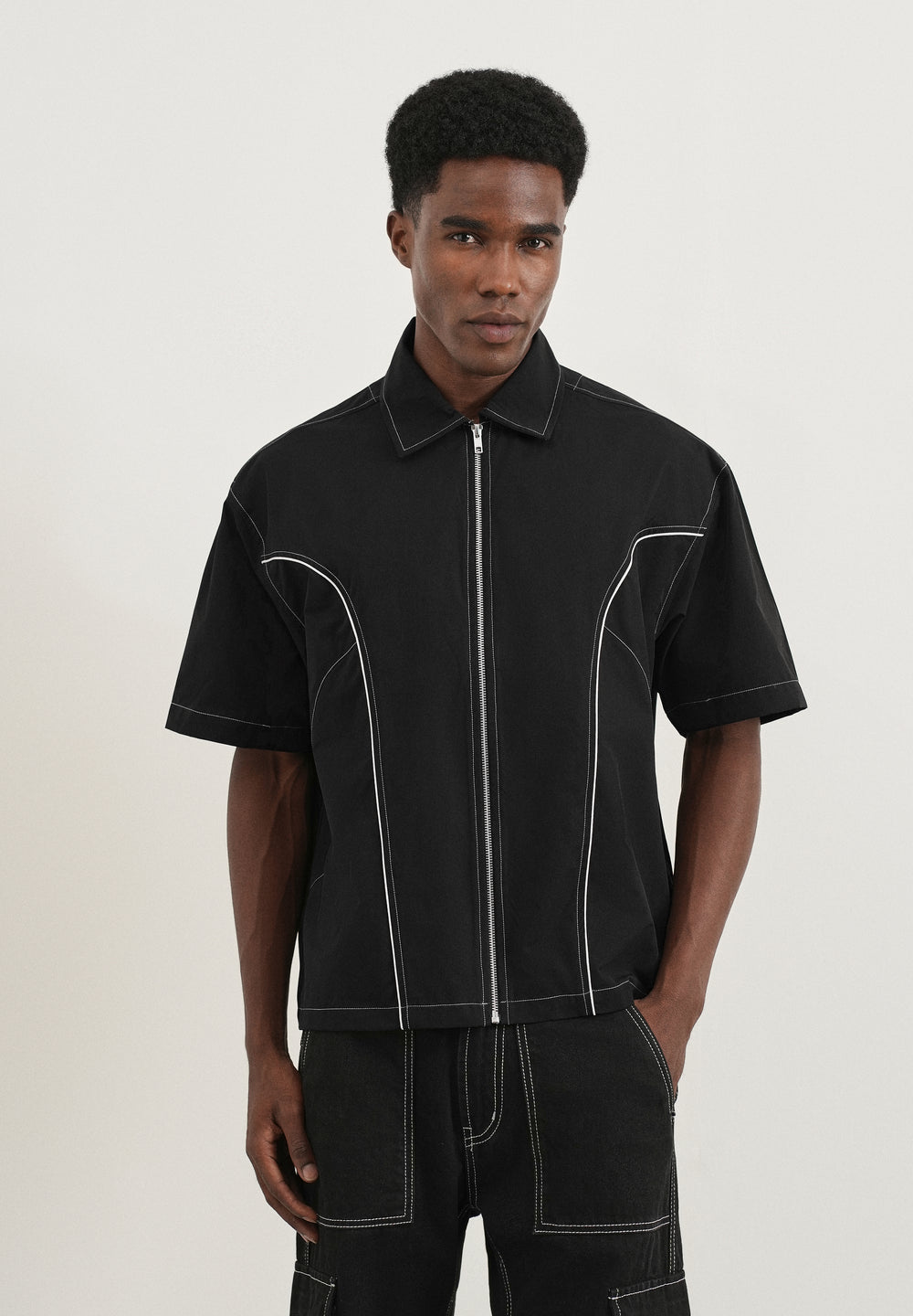 Black Contrast Stitch Panel Shirt