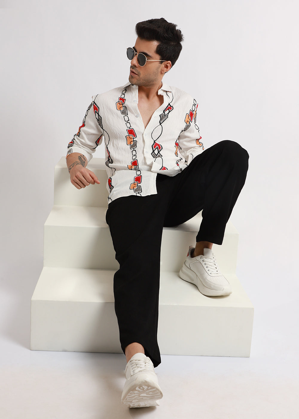 White Abstract Embroidered Shirt